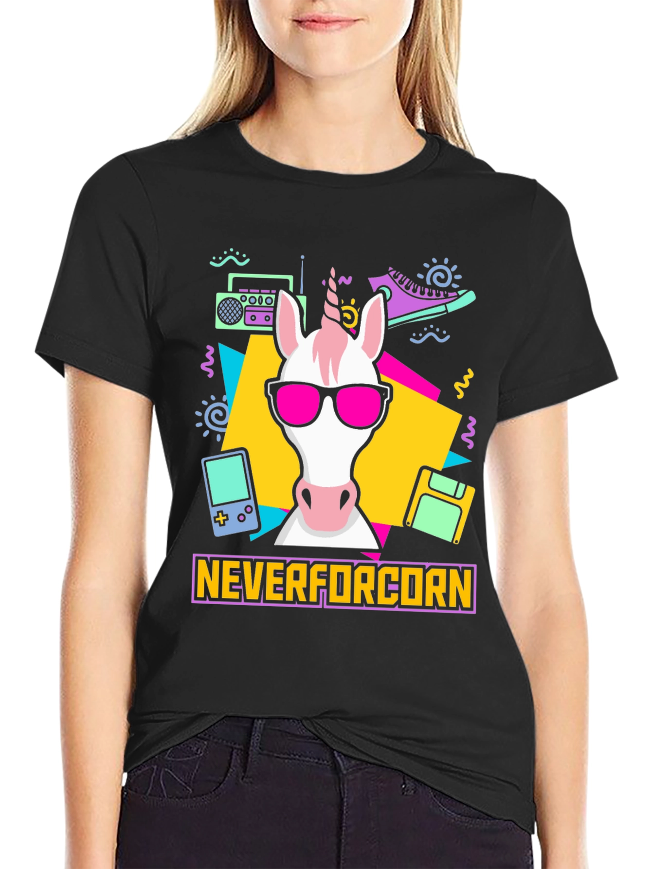 Black NeverforCORN 80s Retro Unicorn T-Shirt view 2