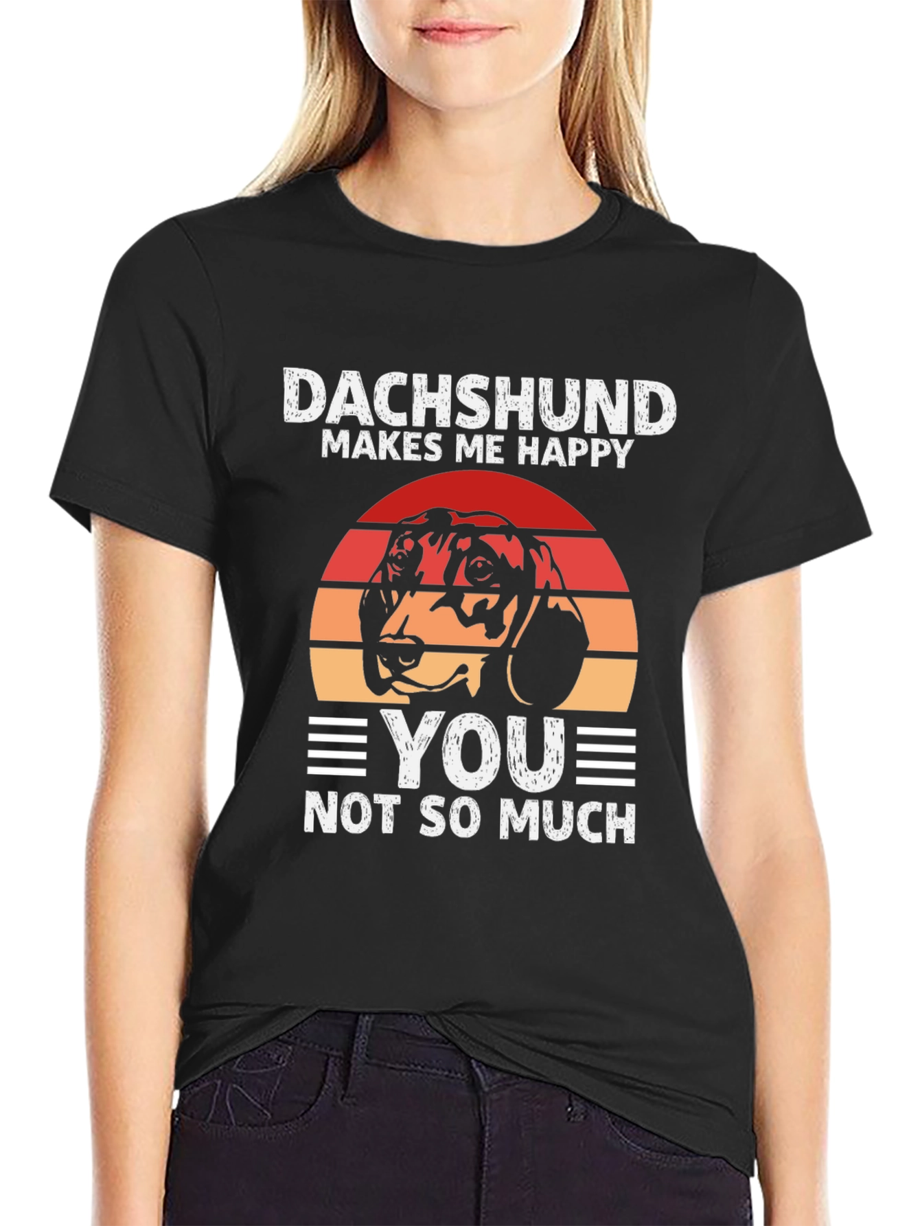 Black Dachshund Makes Me Happy T-Shirt - Funny Dog Lover Tee view 2