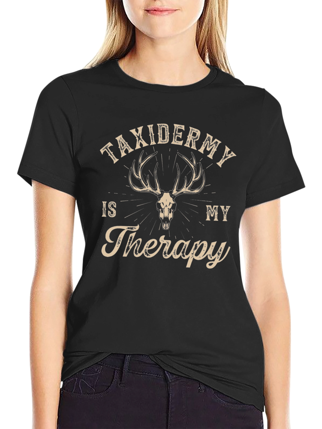 Black Taxidermy Therapy T-Shirt - Deer Skull Graphic Tee view 2