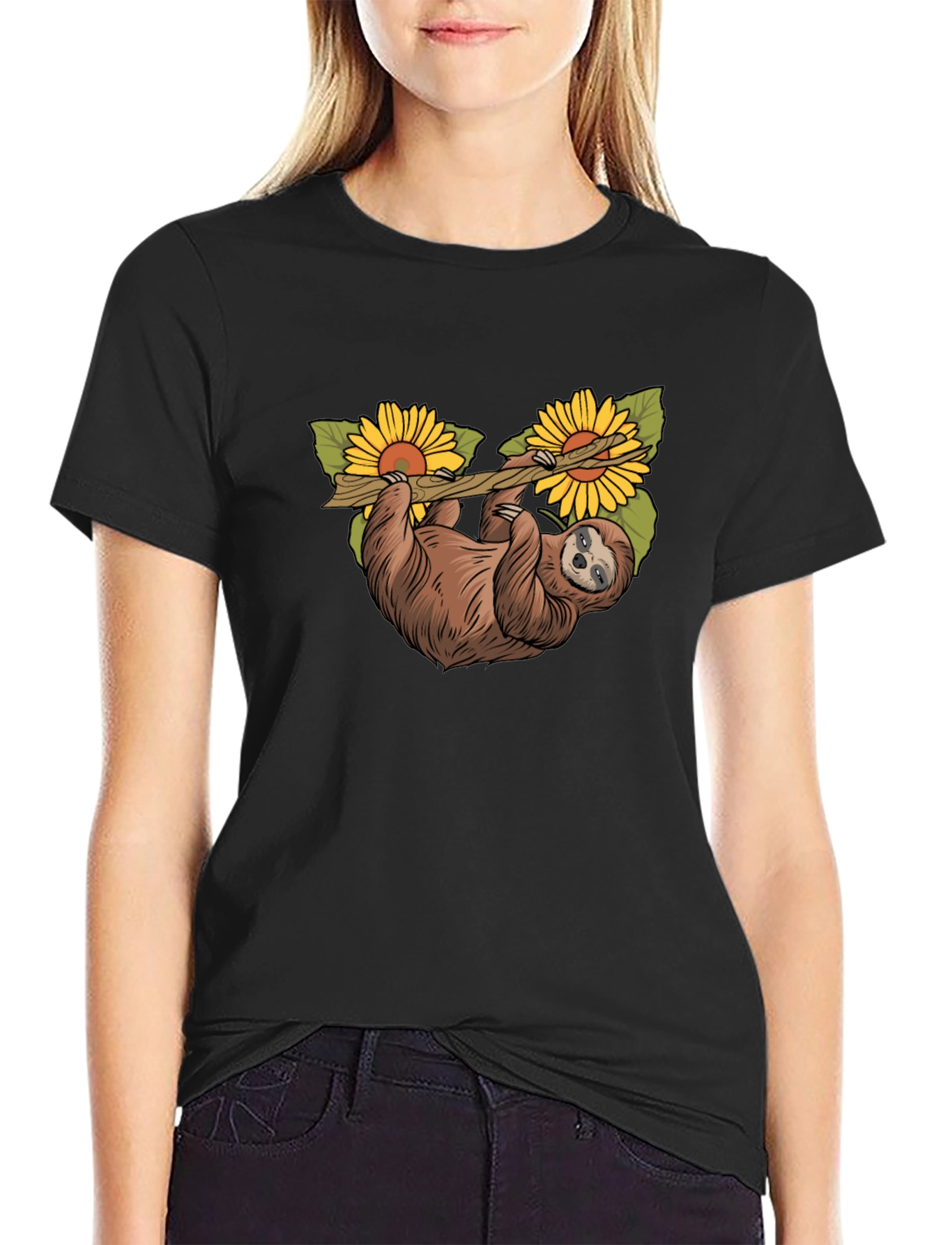 Black Sloth & Sunflower Graphic T-Shirt - Unique Design view 2