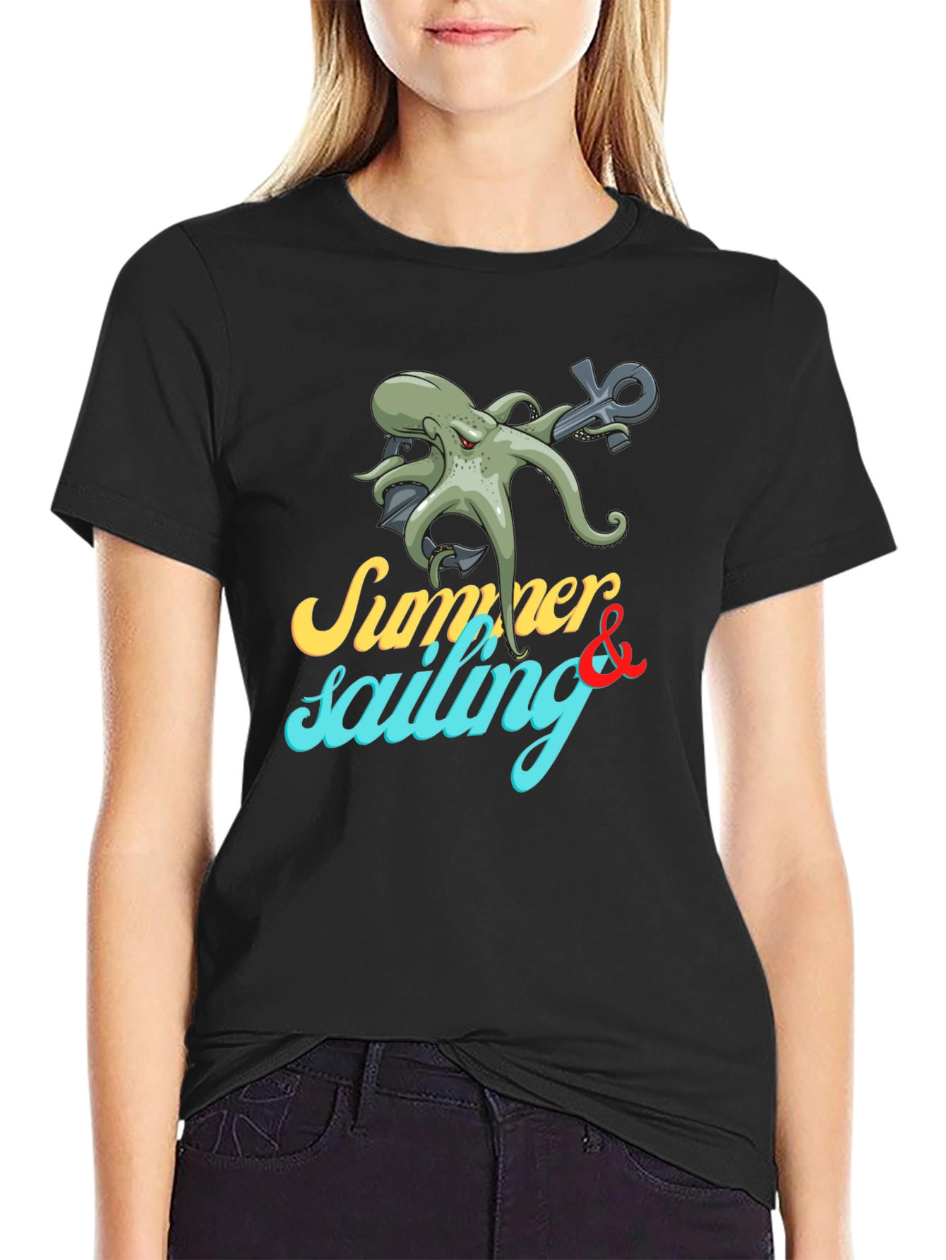 Black Summer Sailing Octopus Graphic Tee view 2