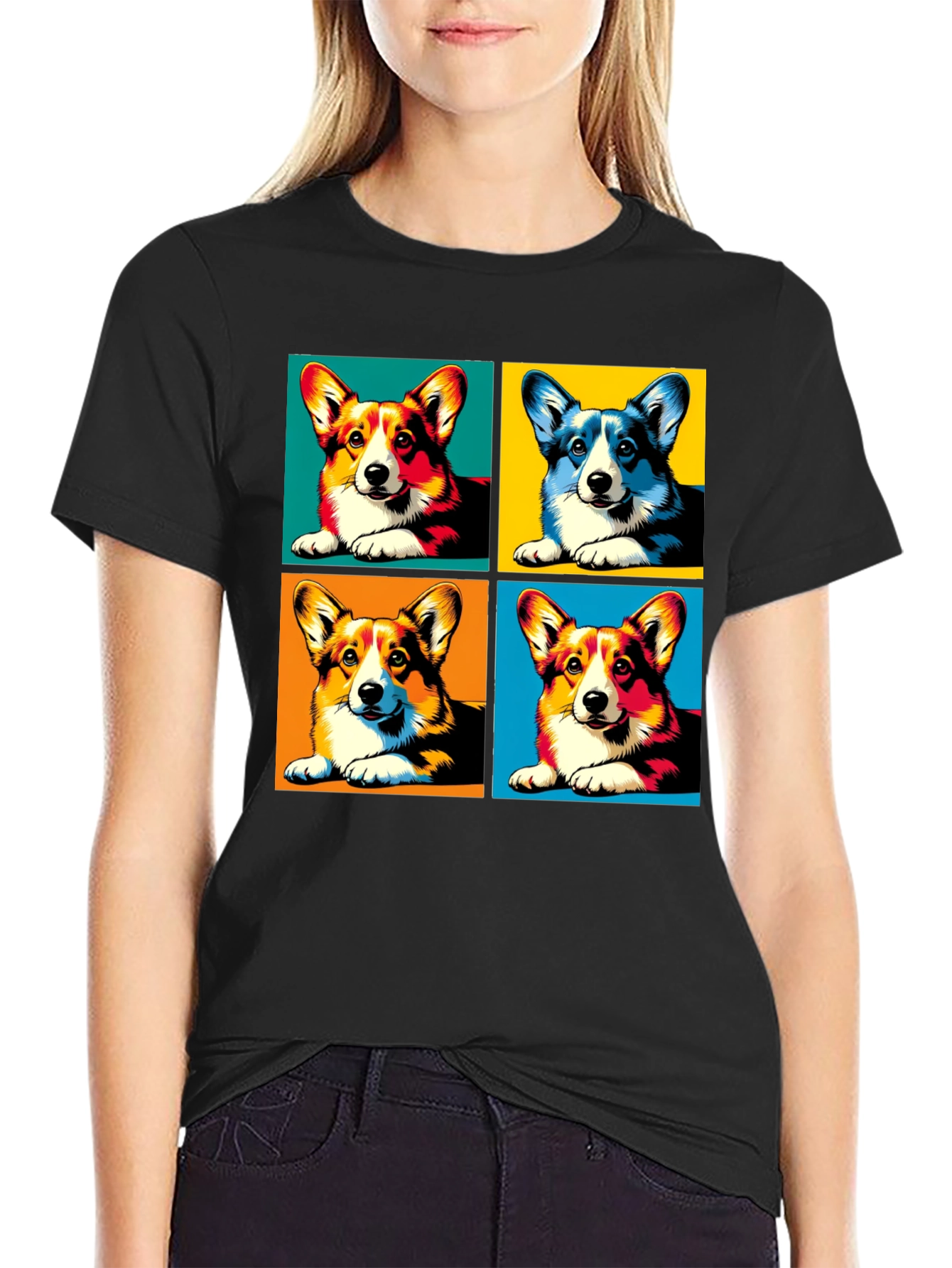 Black Pop Art Corgi Dog T-Shirt view 2