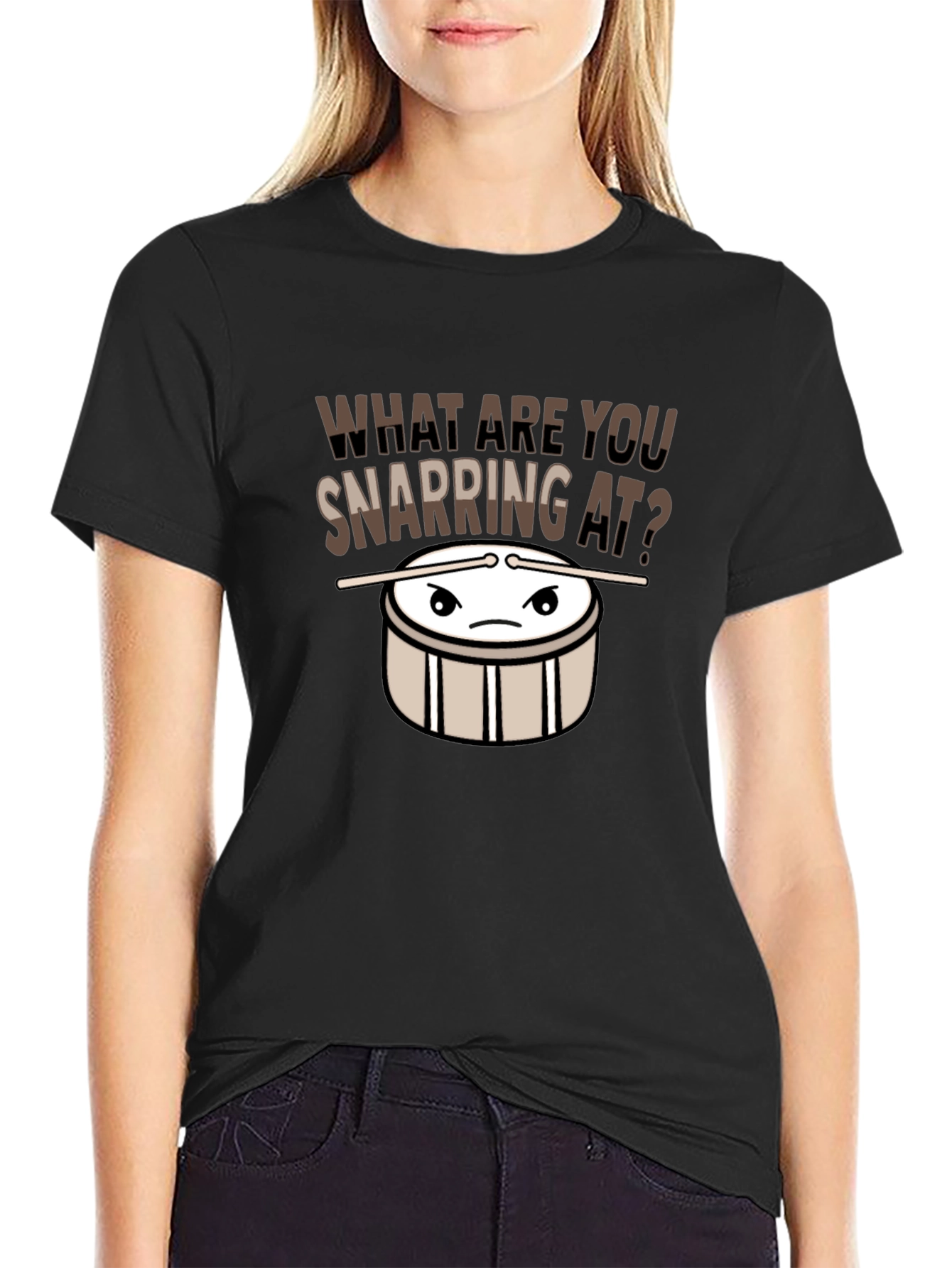 Black Funny Drummer T-Shirt - What Are You Snapping At? Music Tee view 2