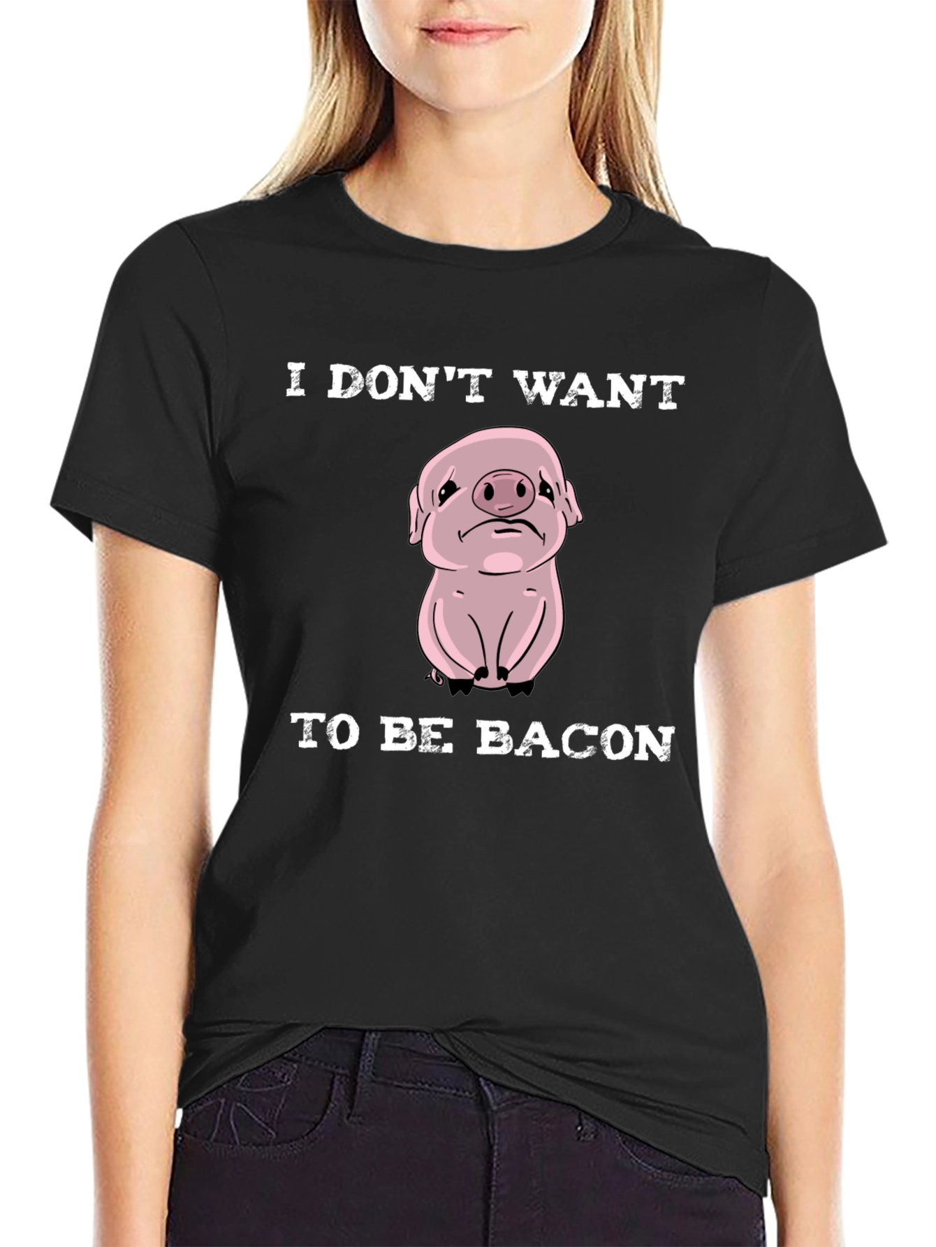 Black Sad Pig T-Shirt - I Don't Want to Be Bacon Tee view 2