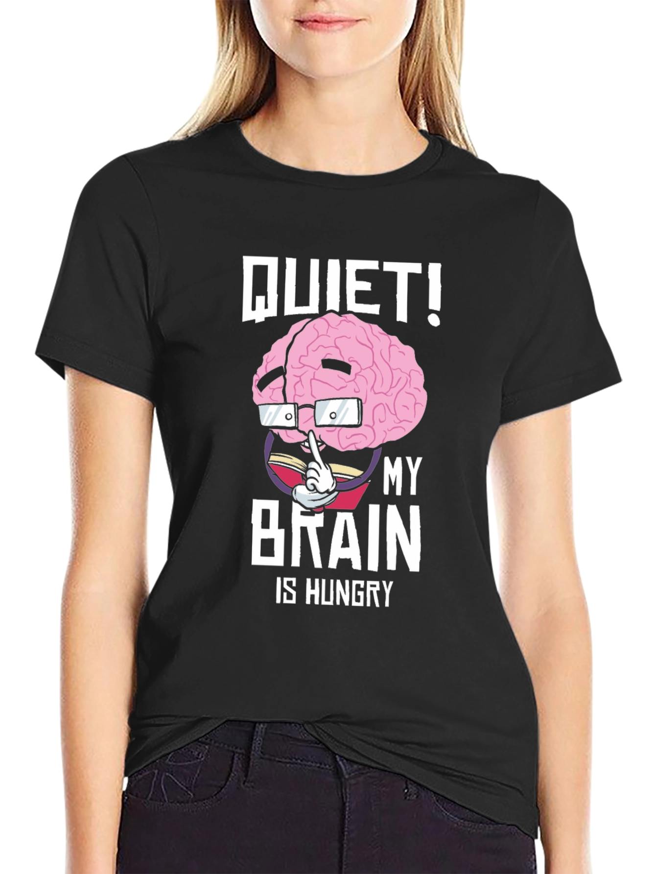 Black Quiet! My Brain is Hungry Graphic Tee view 2