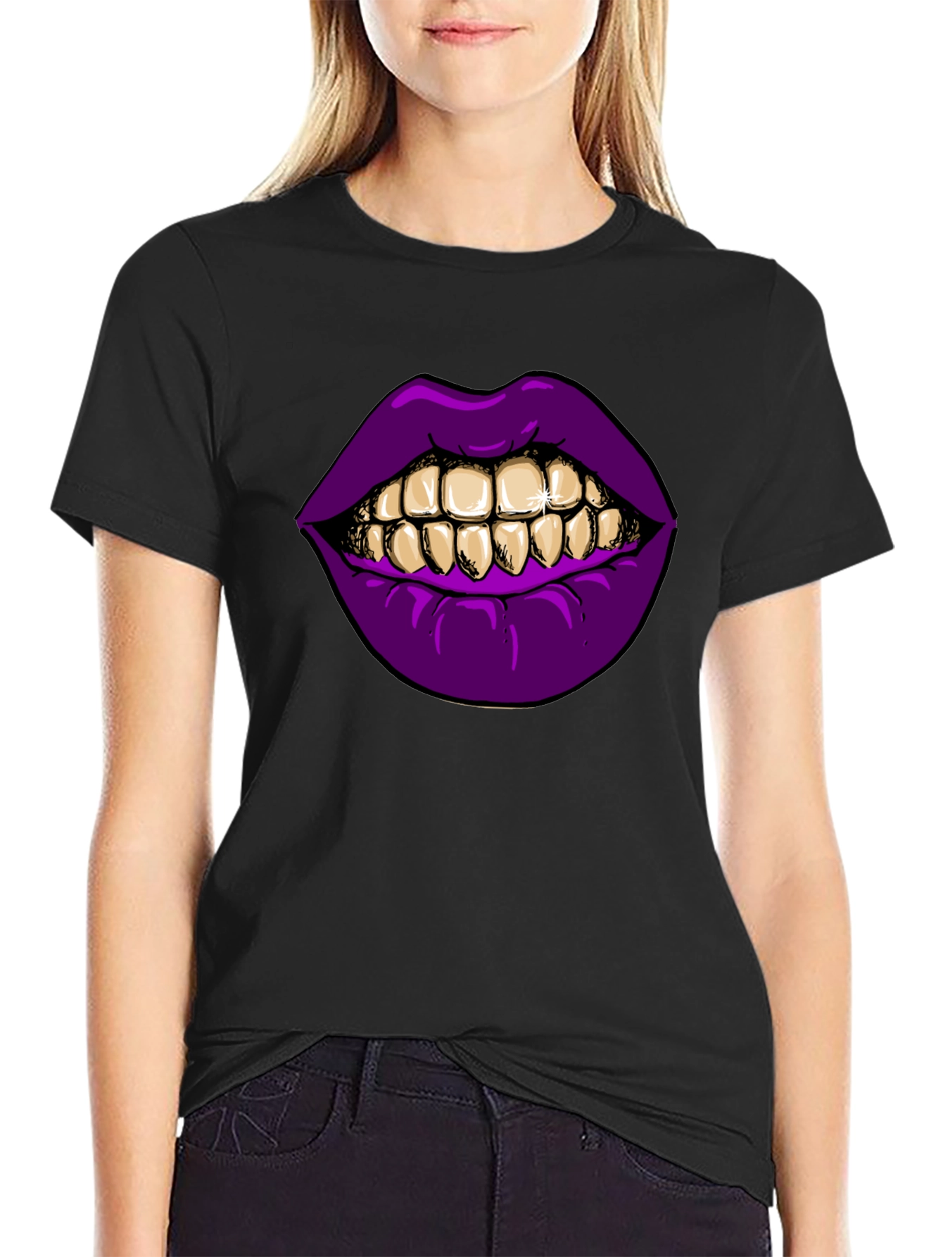 Black Purple Lips Gold Teeth Graphic Black T-Shirt view 2
