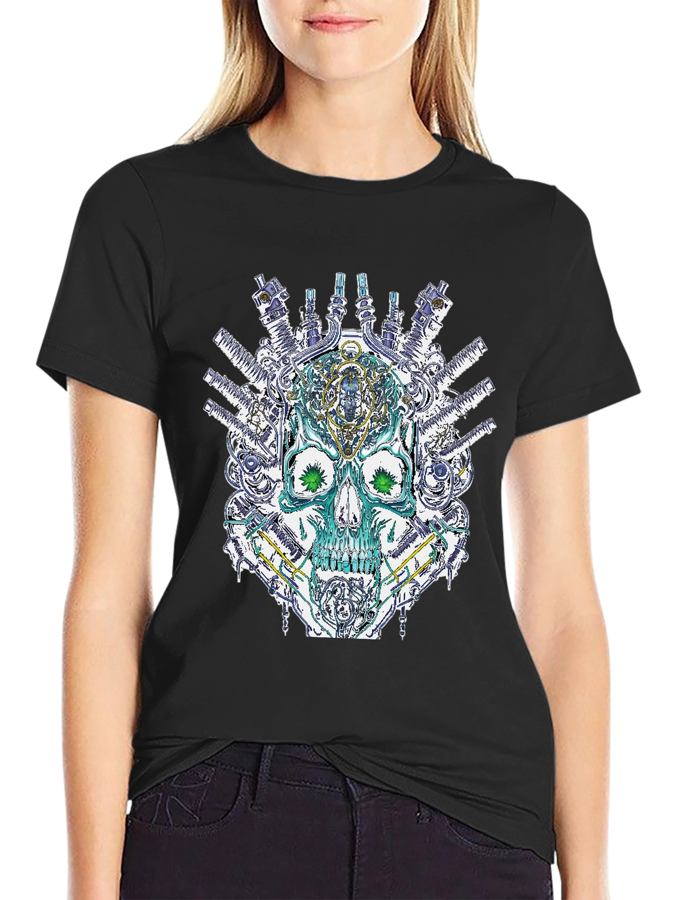 Black Steampunk Skull Graphic T-Shirt - Unique Design view 2