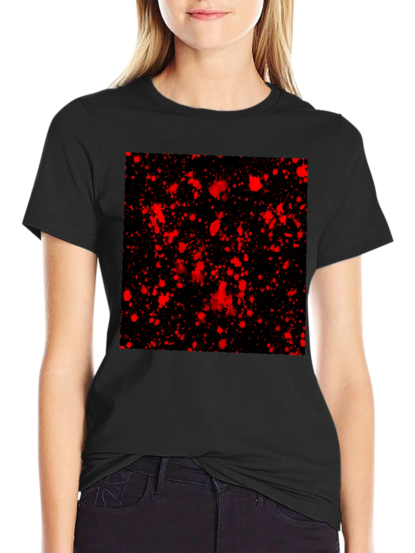 Black Edgy Black T-Shirt with Red Splatter Design view 2