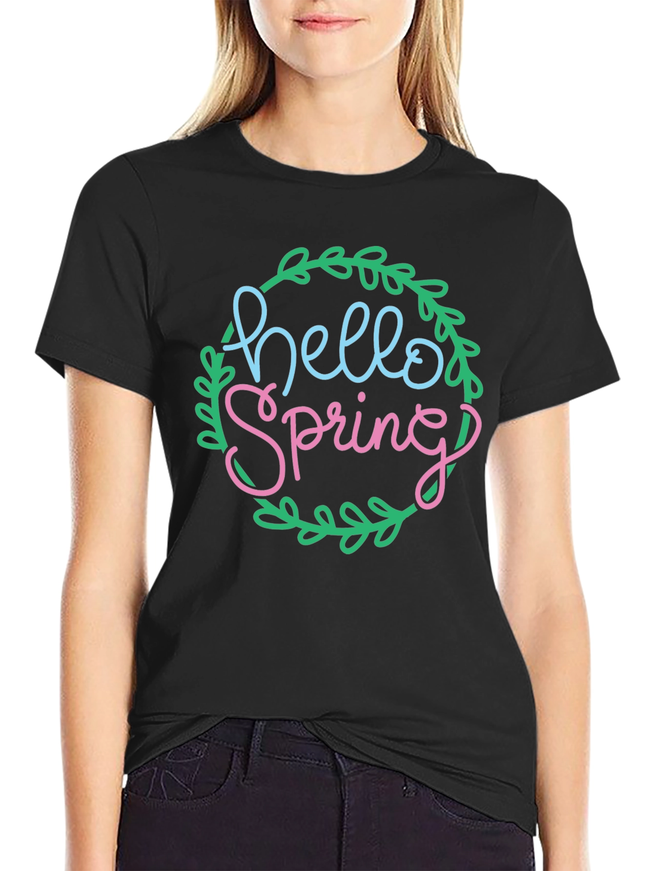 Black Hello Spring T-Shirt - Black Crew Neck Tee view 2