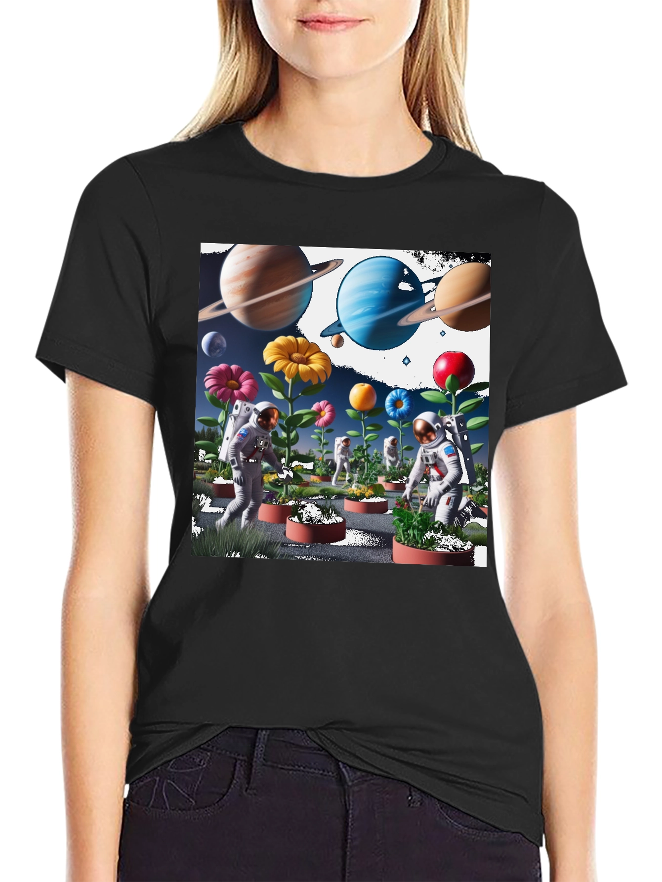 Black Astronauts Planting Flowers T-Shirt view 2