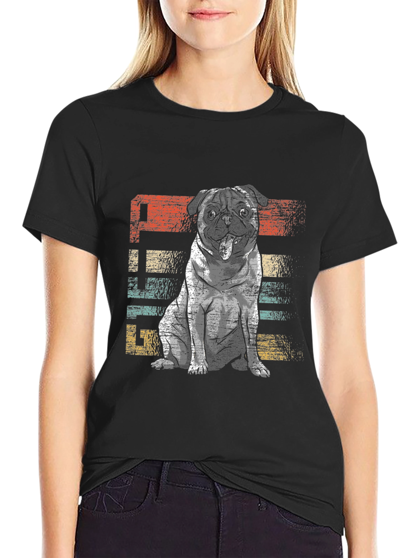 Black Retro Pug Graphic Tee - Unisex Black T-Shirt view 2