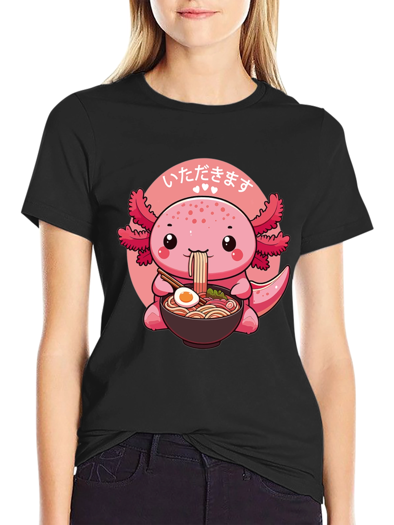 Black Cute Axolotl Ramen T-Shirt view 2