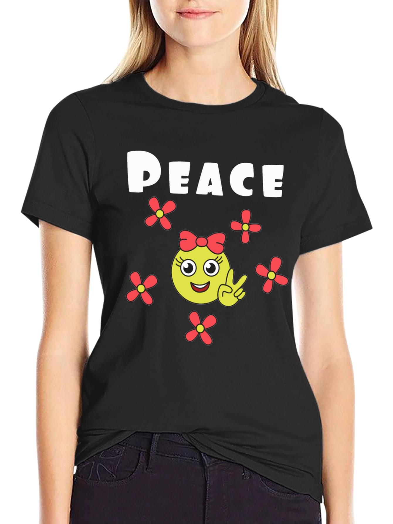 Black Peace Sign Emoji T-Shirt - Black Cotton view 2