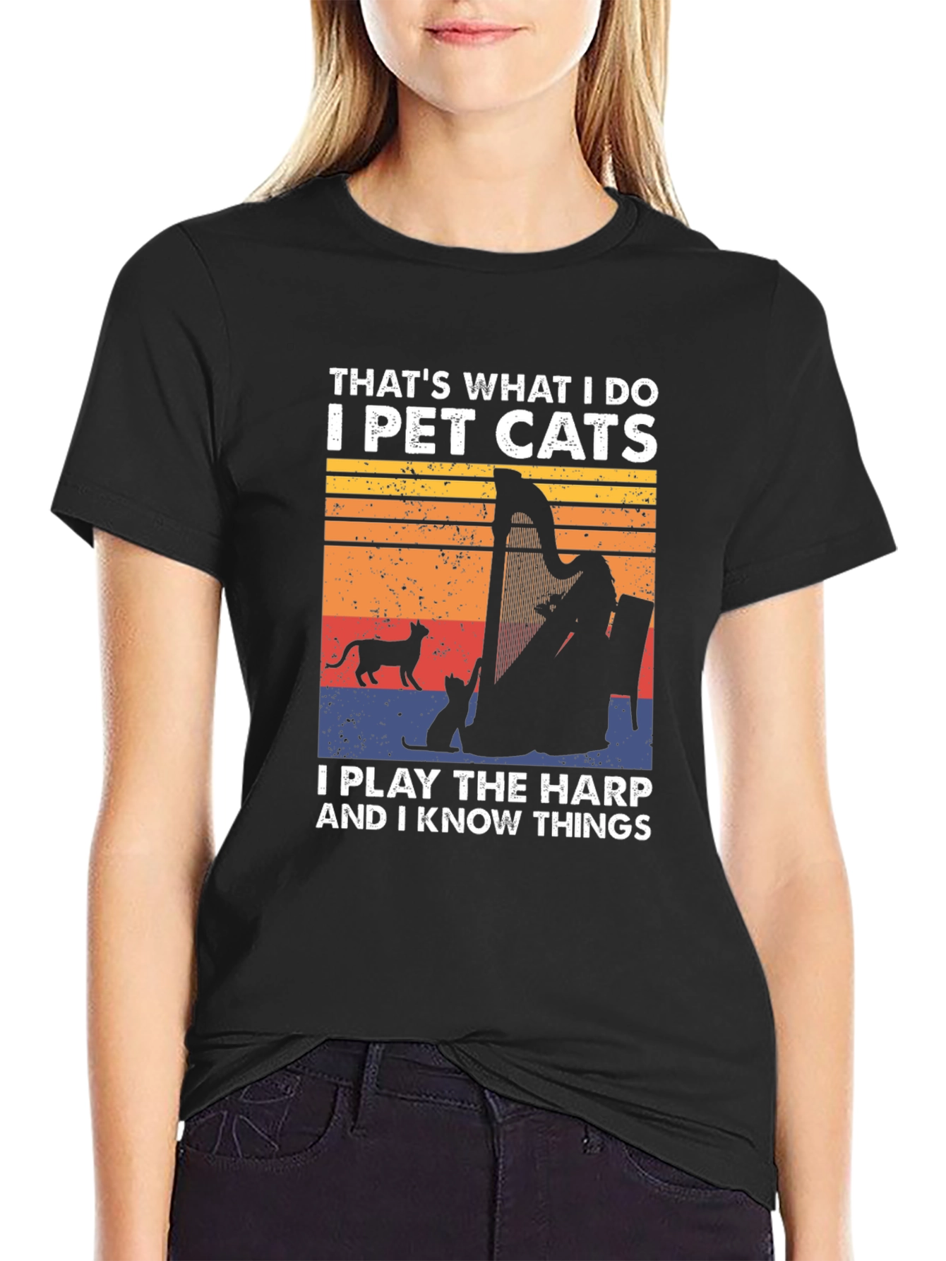 Black Pet Cats & Harp Player Graphic T-Shirt view 2
