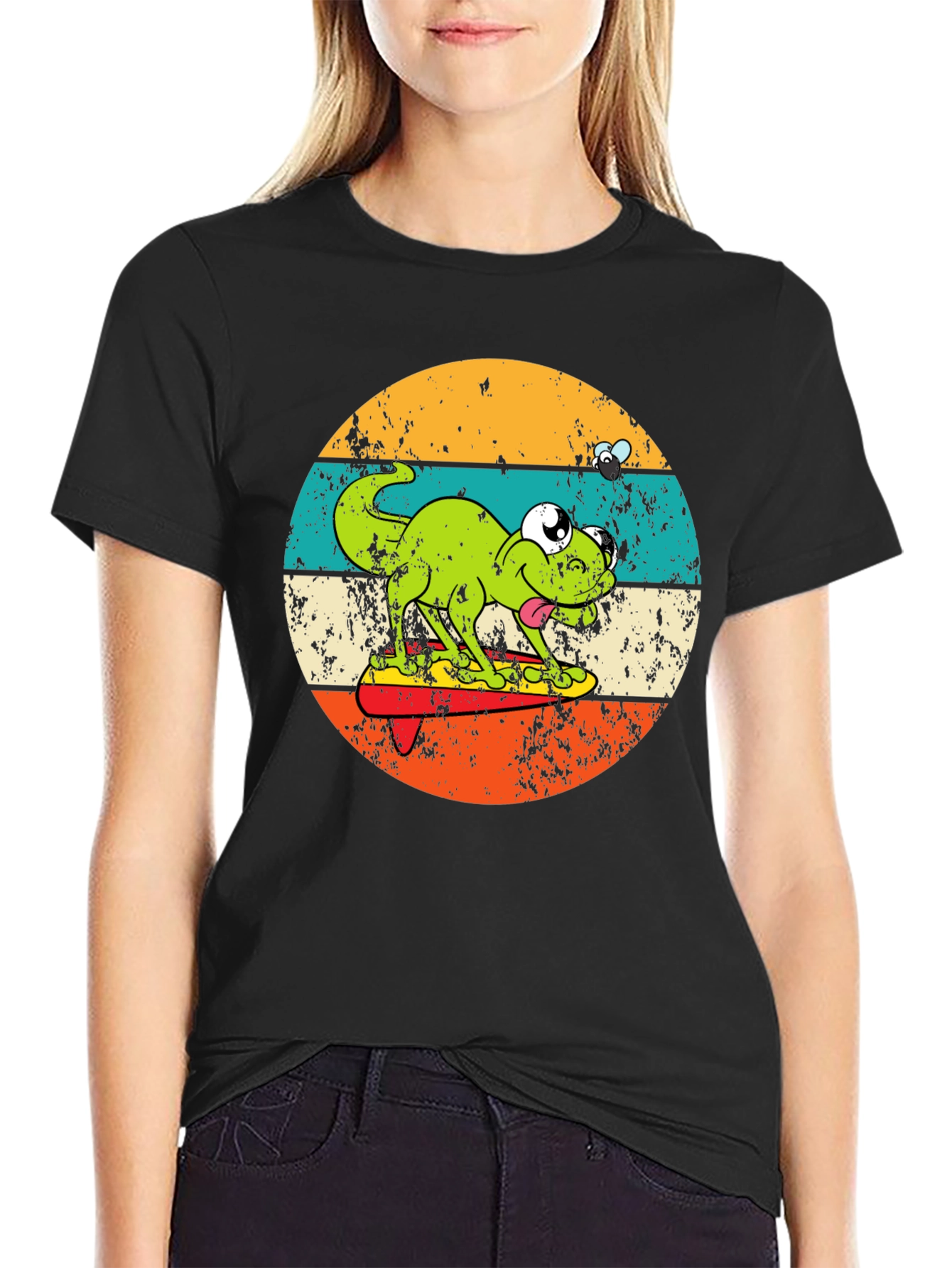 Black Retro Frog Surfing T-Shirt - Unique Graphic Tee view 2