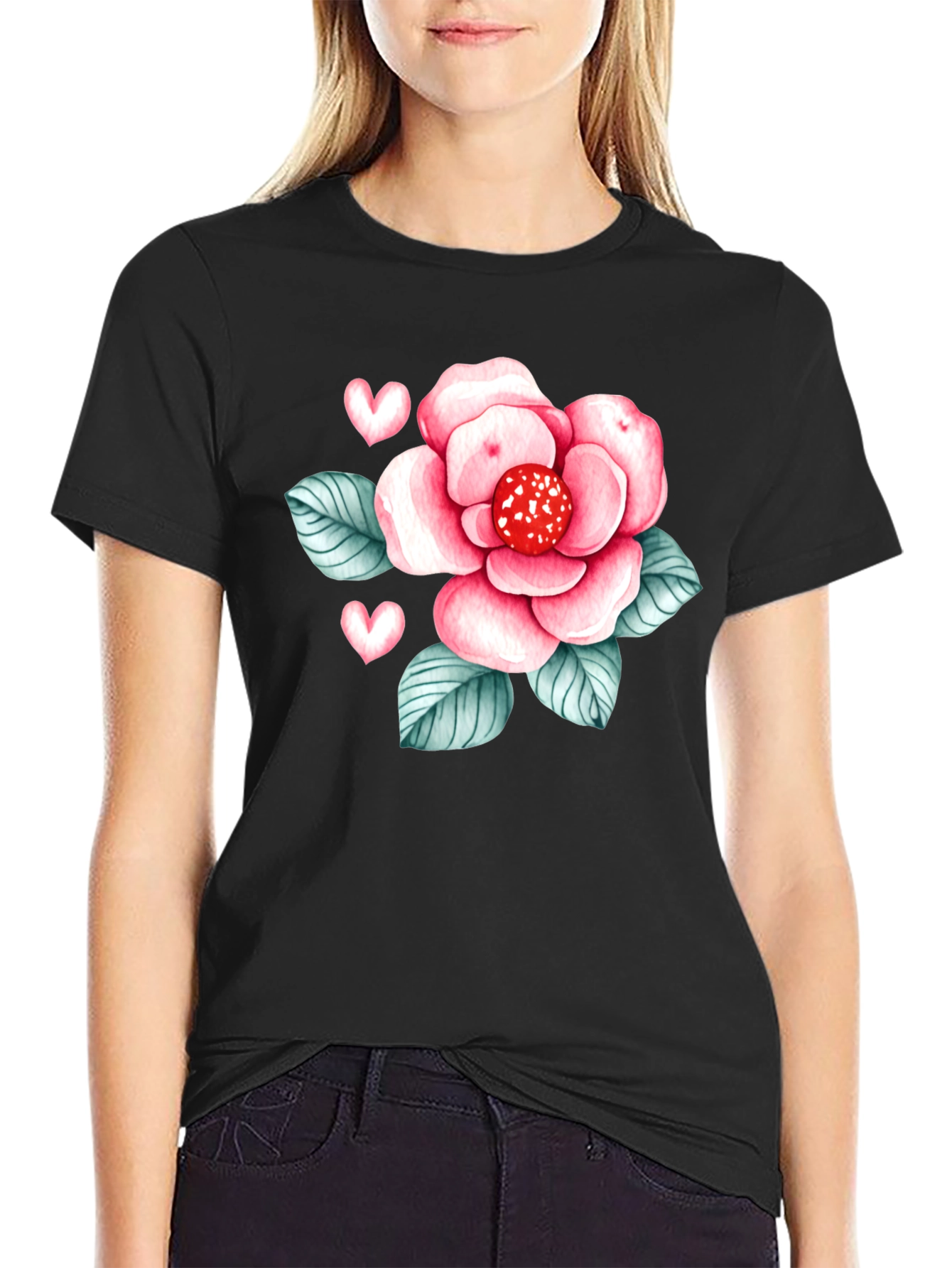 Black Floral Heart Graphic Tee - Stylish Black Shirt view 2