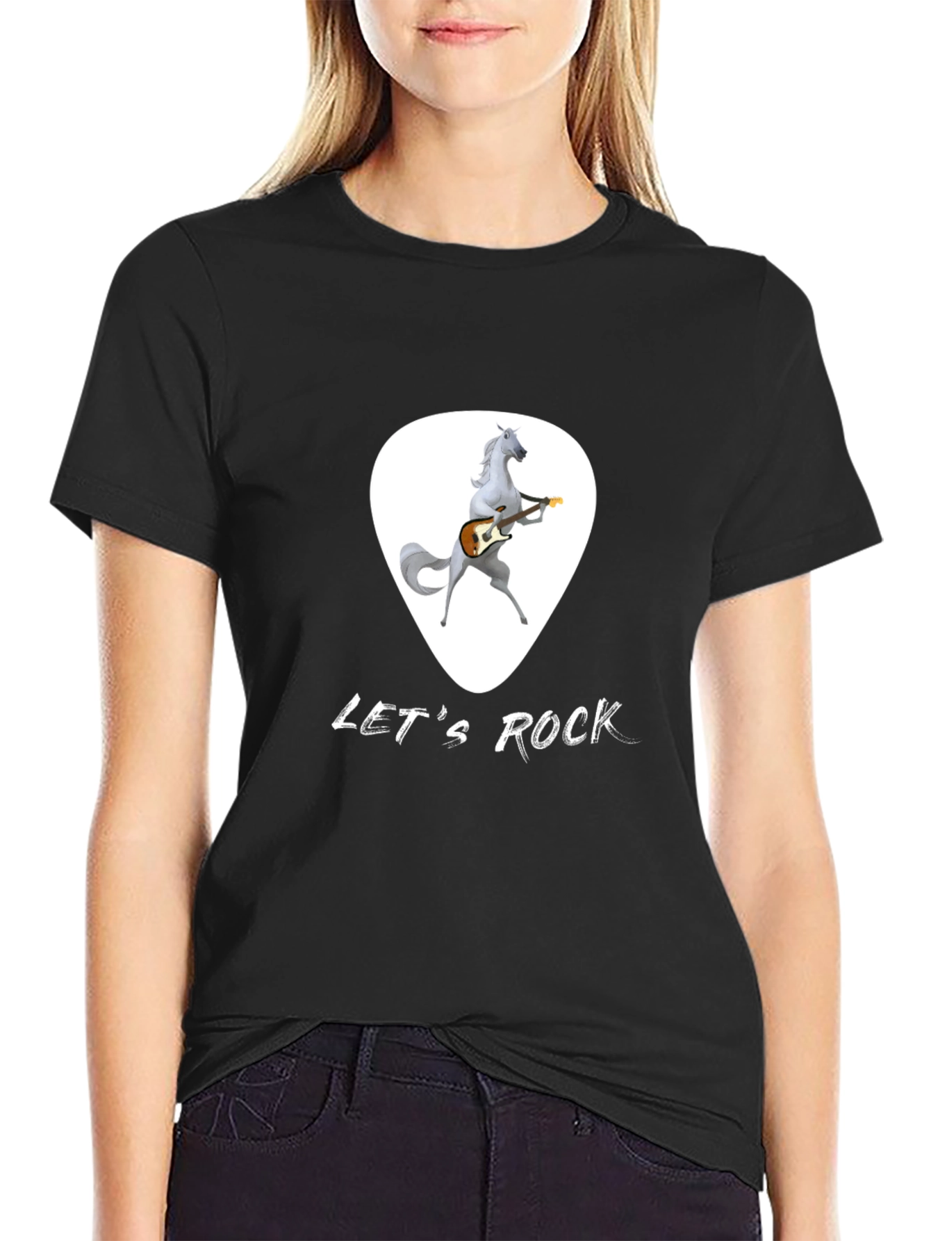 Black Let's Rock Horse Guitarist Black T-Shirt view 2