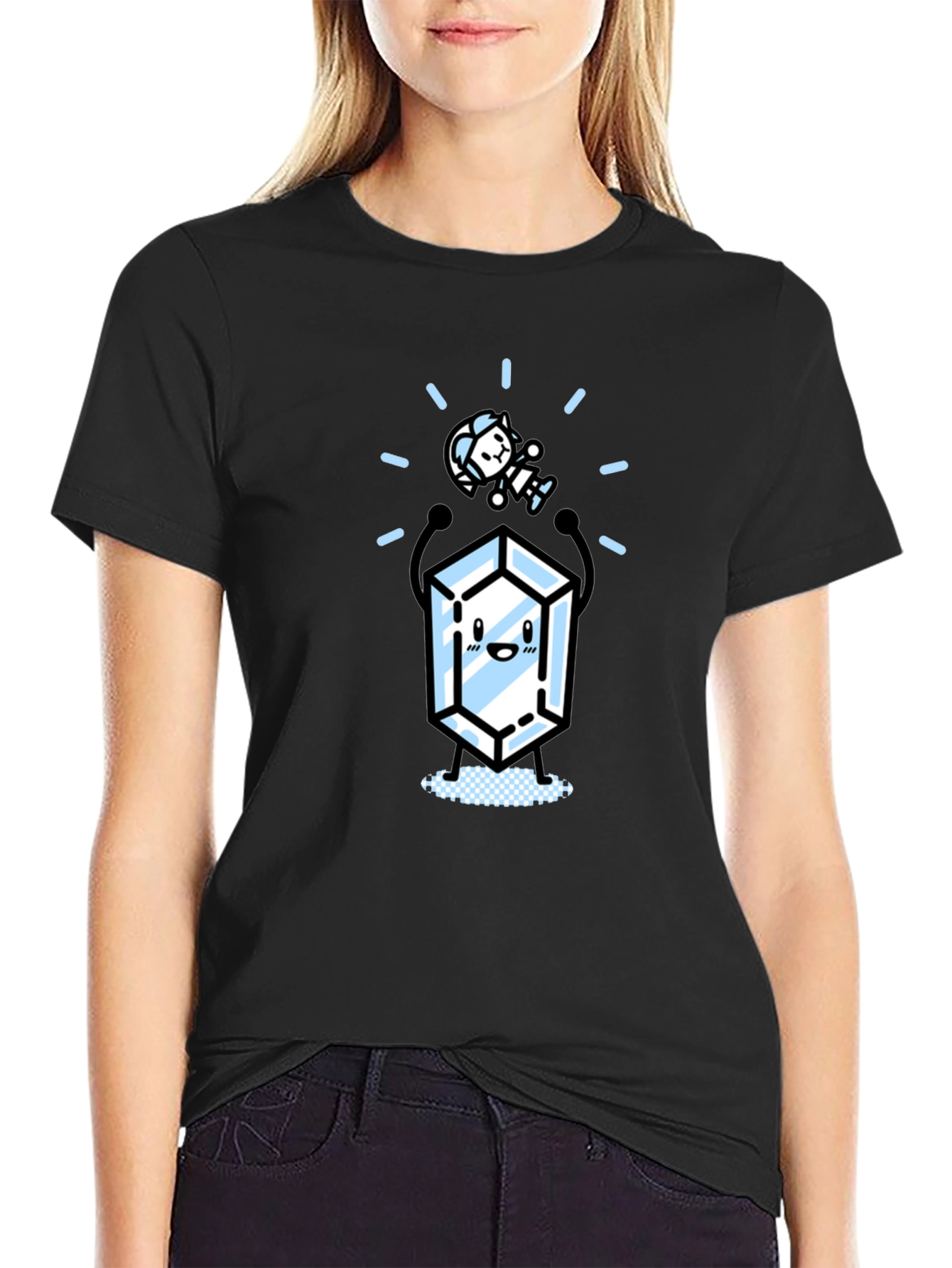 Black Cute Crystal & Astronaut Graphic Black T-Shirt view 2