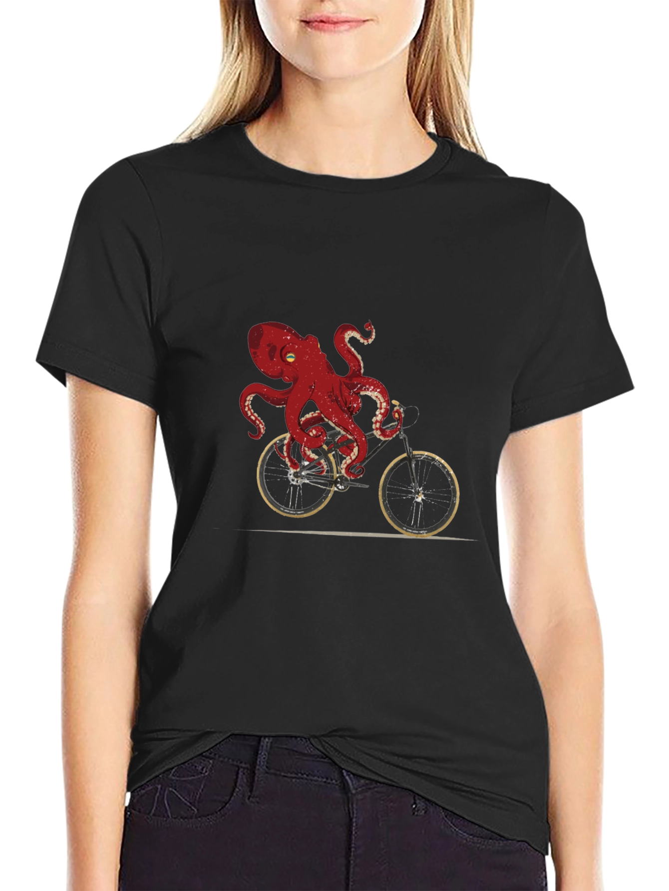Black Octopus Riding Bike Graphic T-Shirt view 2