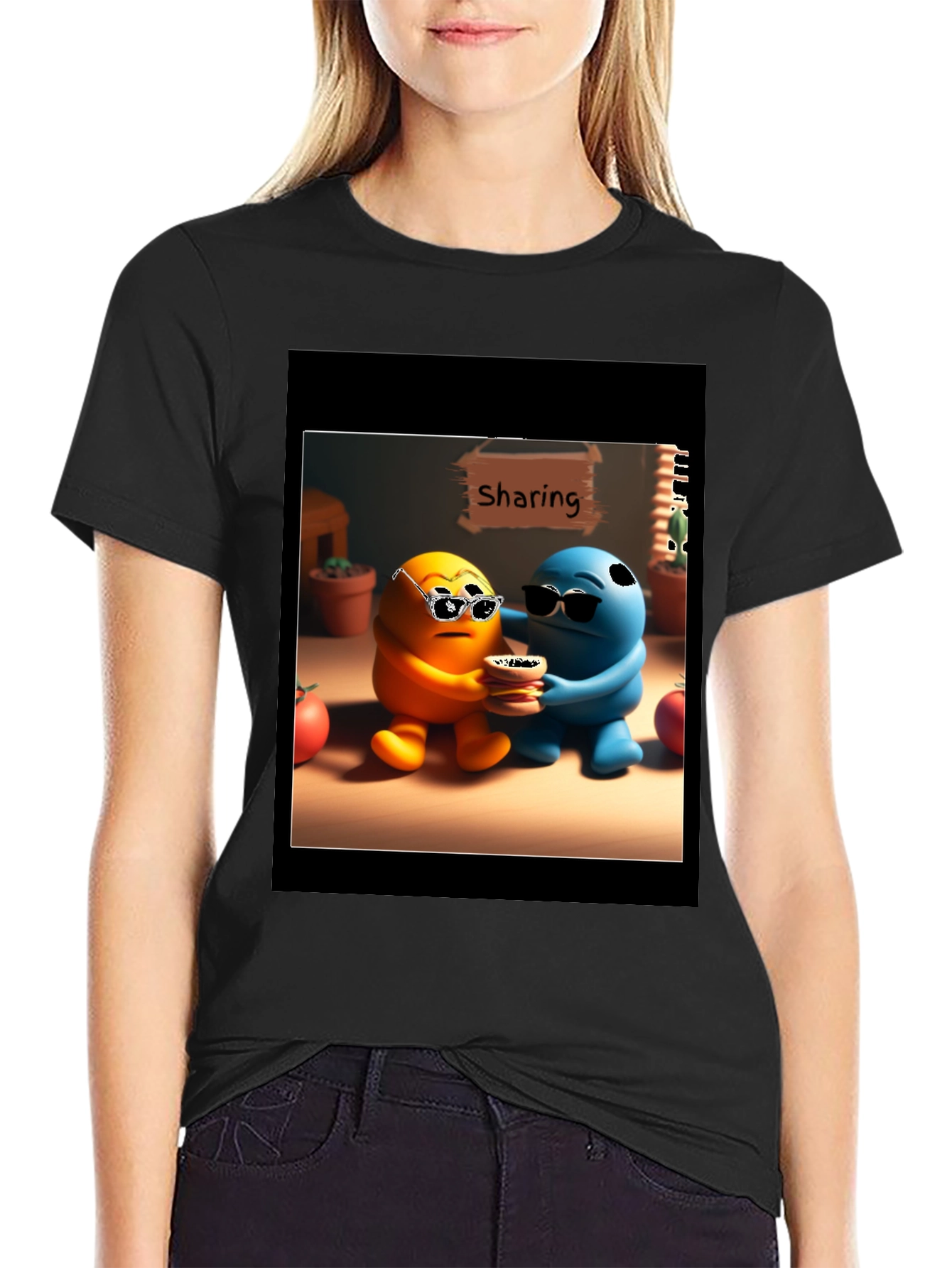 Black Sharing Cartoon Character Graphic Tee - Black view 2