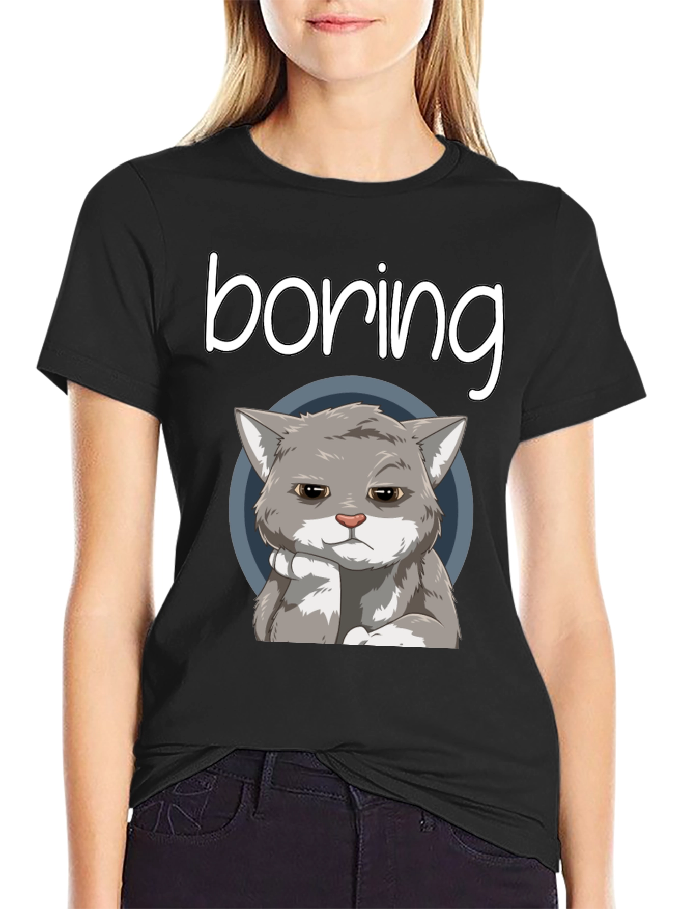 Black Boring Cat T-Shirt - Funny Graphic Tee view 2