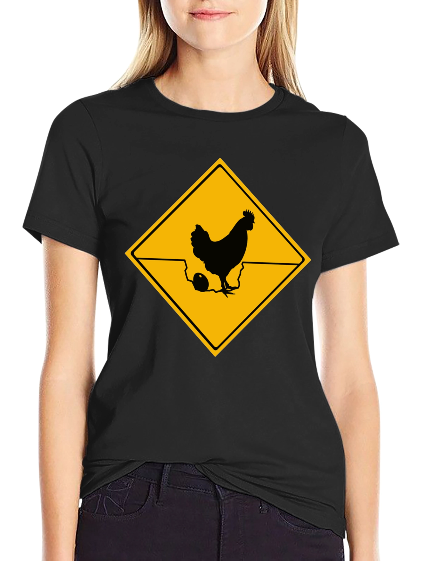 Black Chicken Crossing T-Shirt - Novelty Graphic Tee view 2