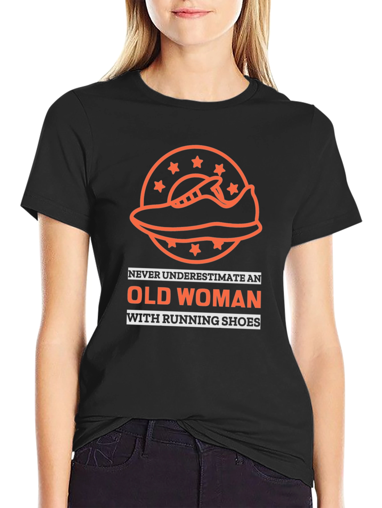 Black Funny Old Woman Running Shoes T-Shirt view 2