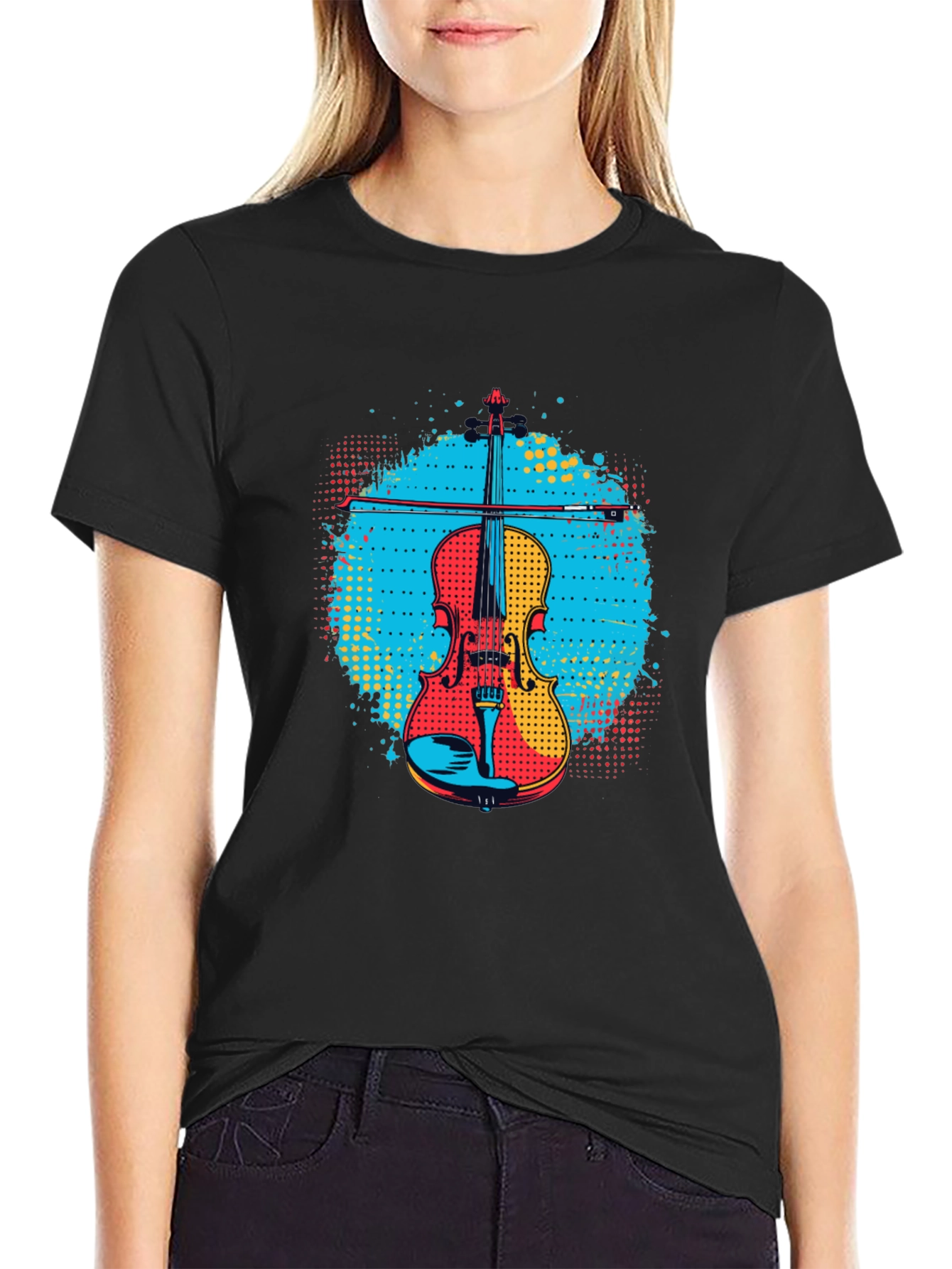 Black Colorful Violin Graphic Tee - Music Lover Shirt view 2