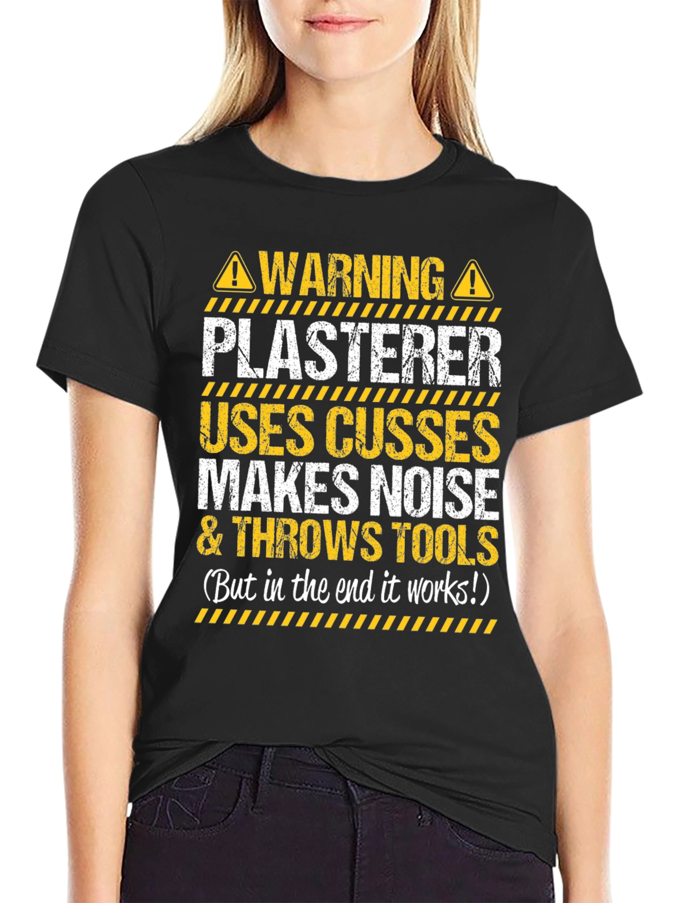 Black Warning Plasterer T-Shirt - Funny Construction Worker Tee view 2