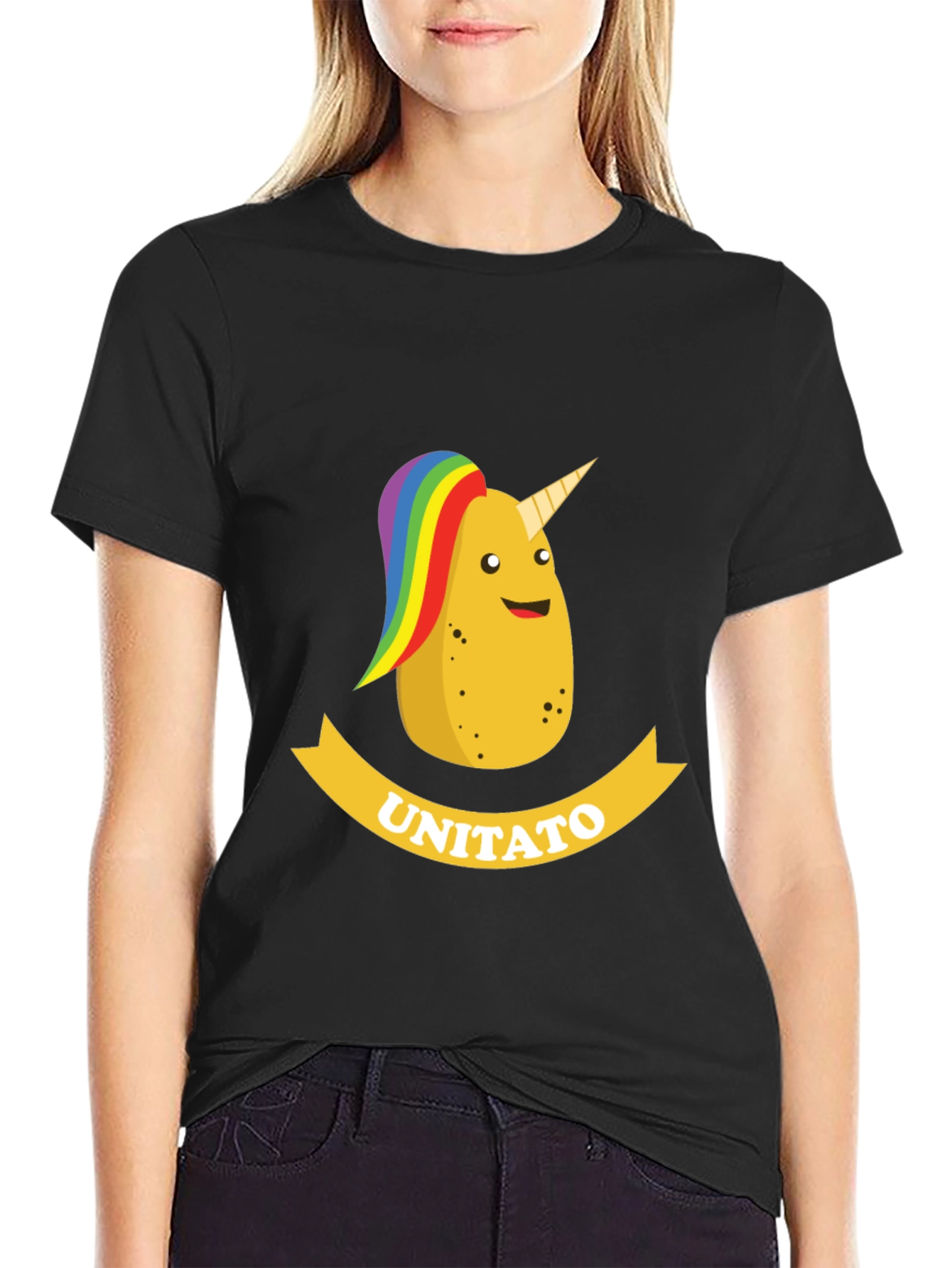 Black Unitato Potato Unicorn Black T-Shirt view 2