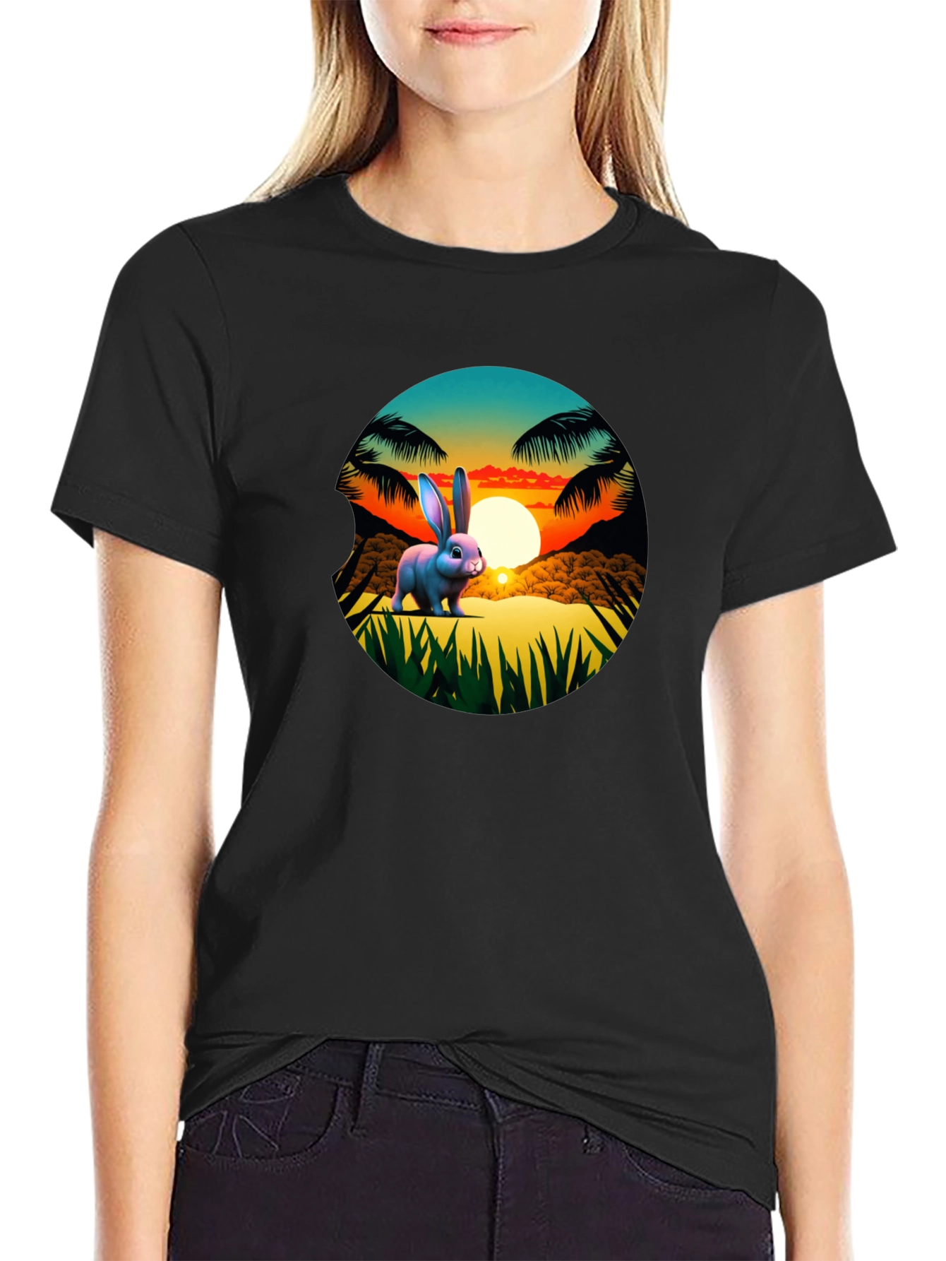 Black Tropical Bunny Sunset Graphic Tee view 2