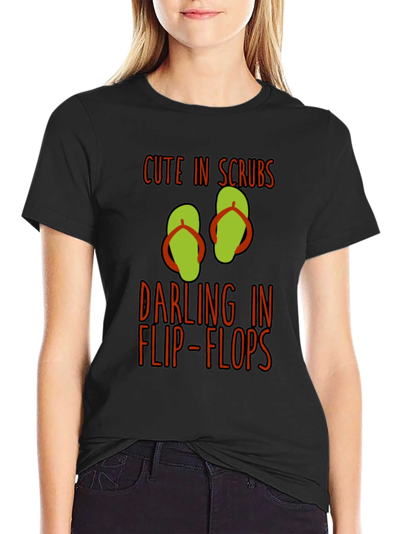 Black Cute In Scrubs Darling In Flip-Flops Black T-Shirt view 2