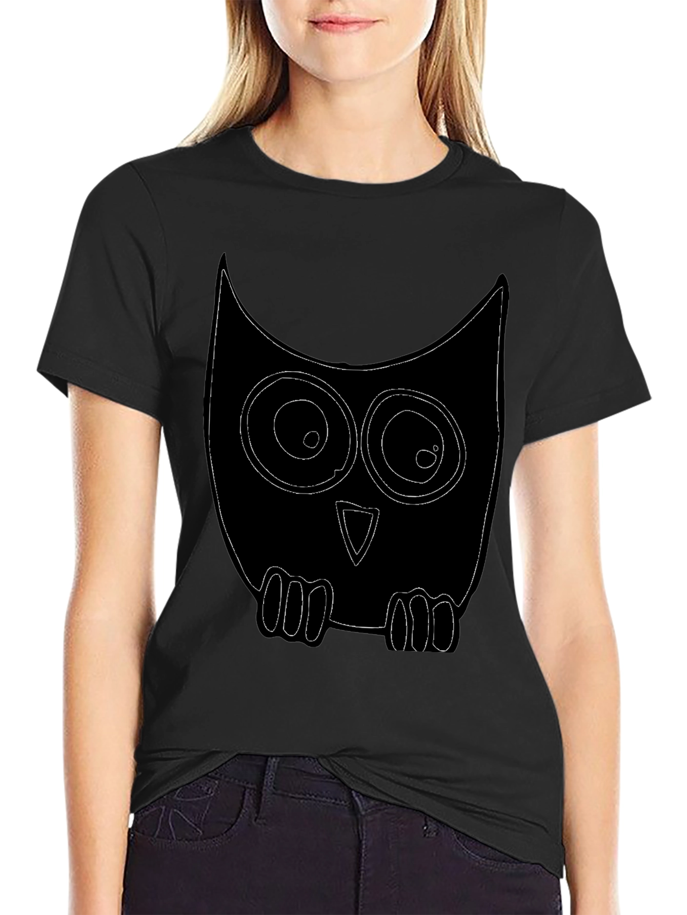 Black Owl Graphic Print Crew Neck T-Shirt view 2
