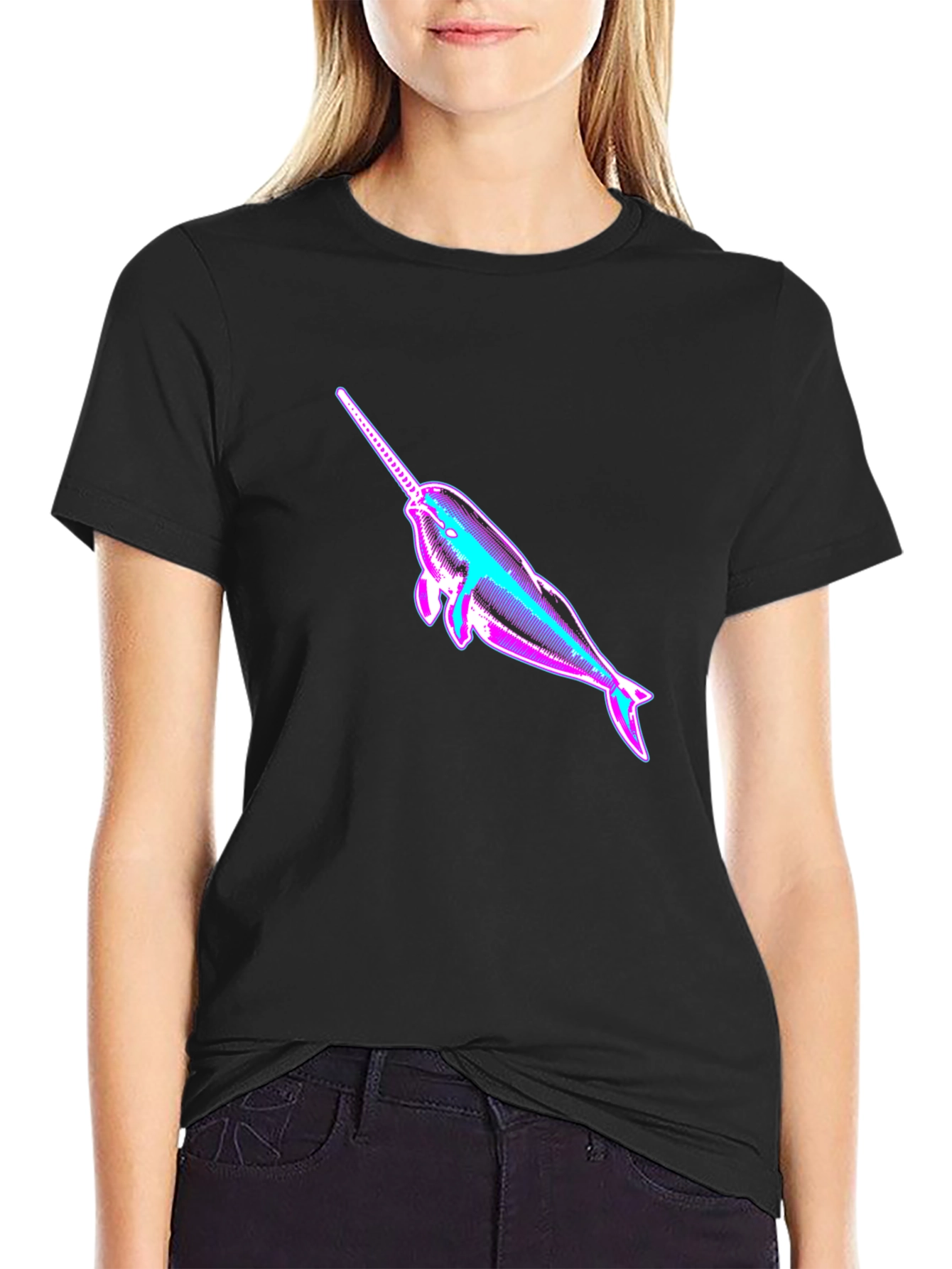 Black Narwhal Graphic Print Black T-Shirt view 2