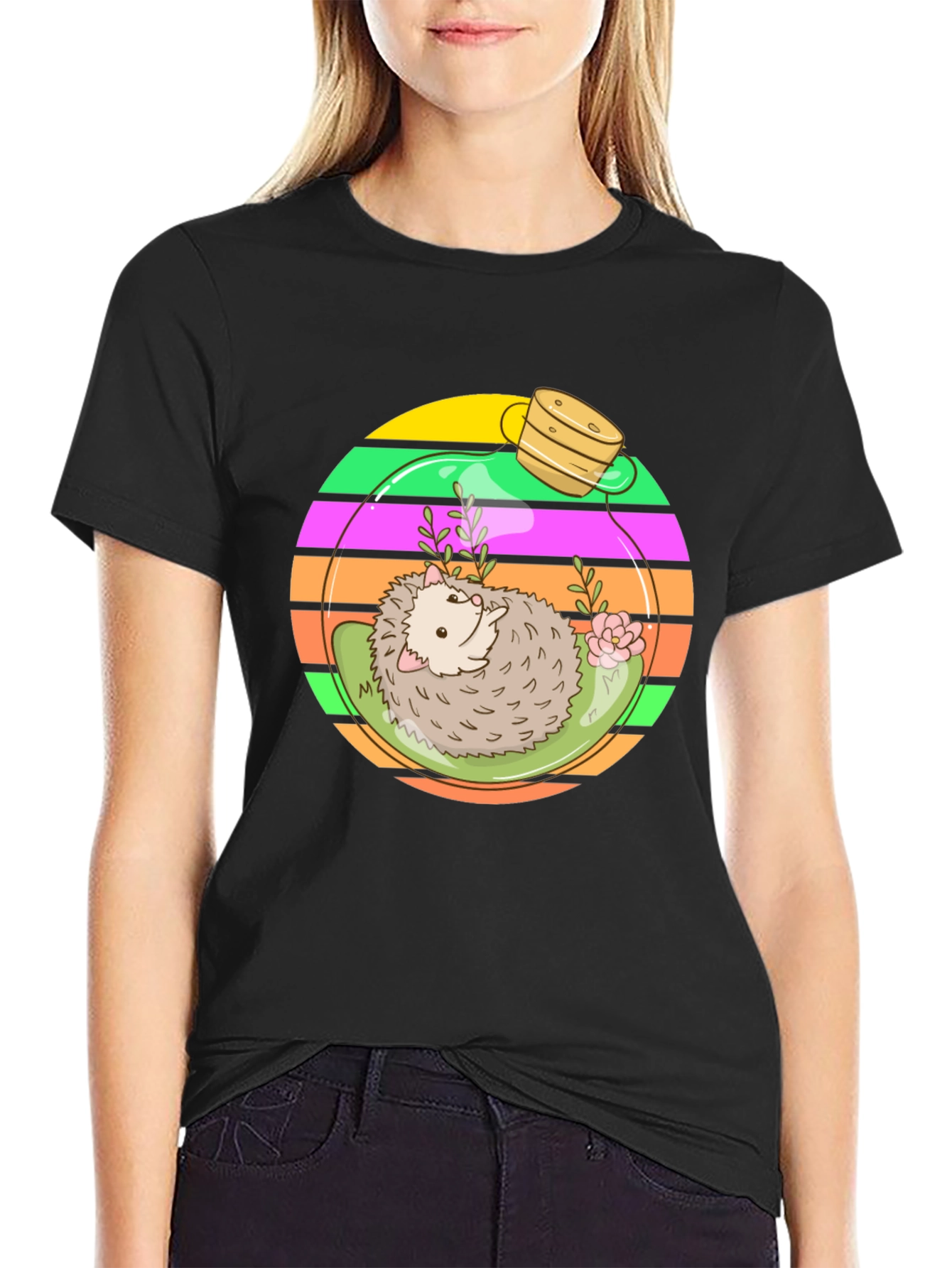 Black Hedgehog Terrarium Graphic Tee - Novelty T-Shirt view 2