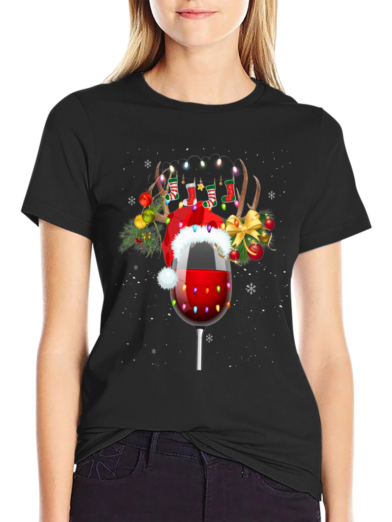 Black Festive Wine Glass Christmas T-Shirt view 2