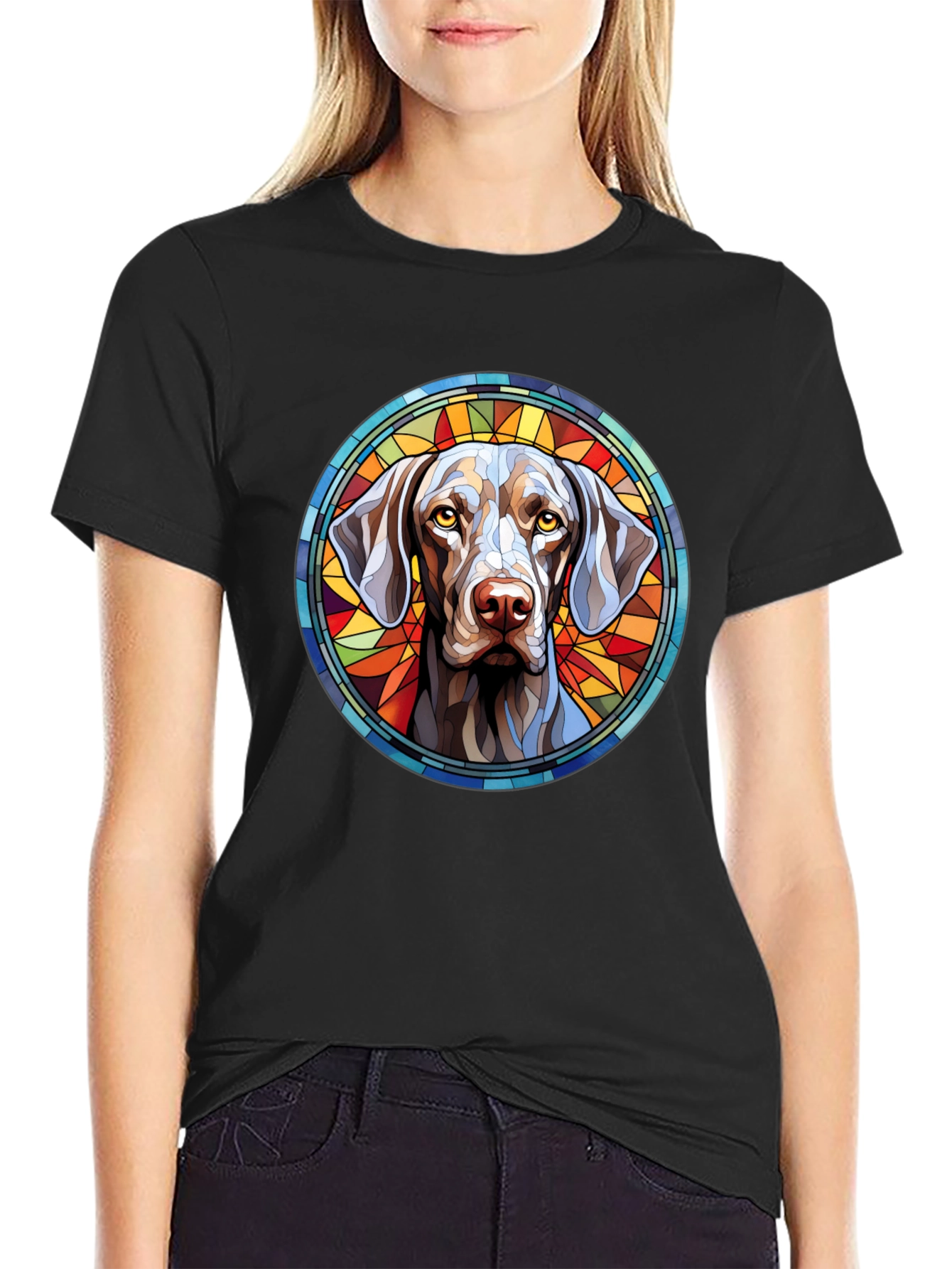 Black Dog Portrait Stained Glass Style Graphic Tee view 2