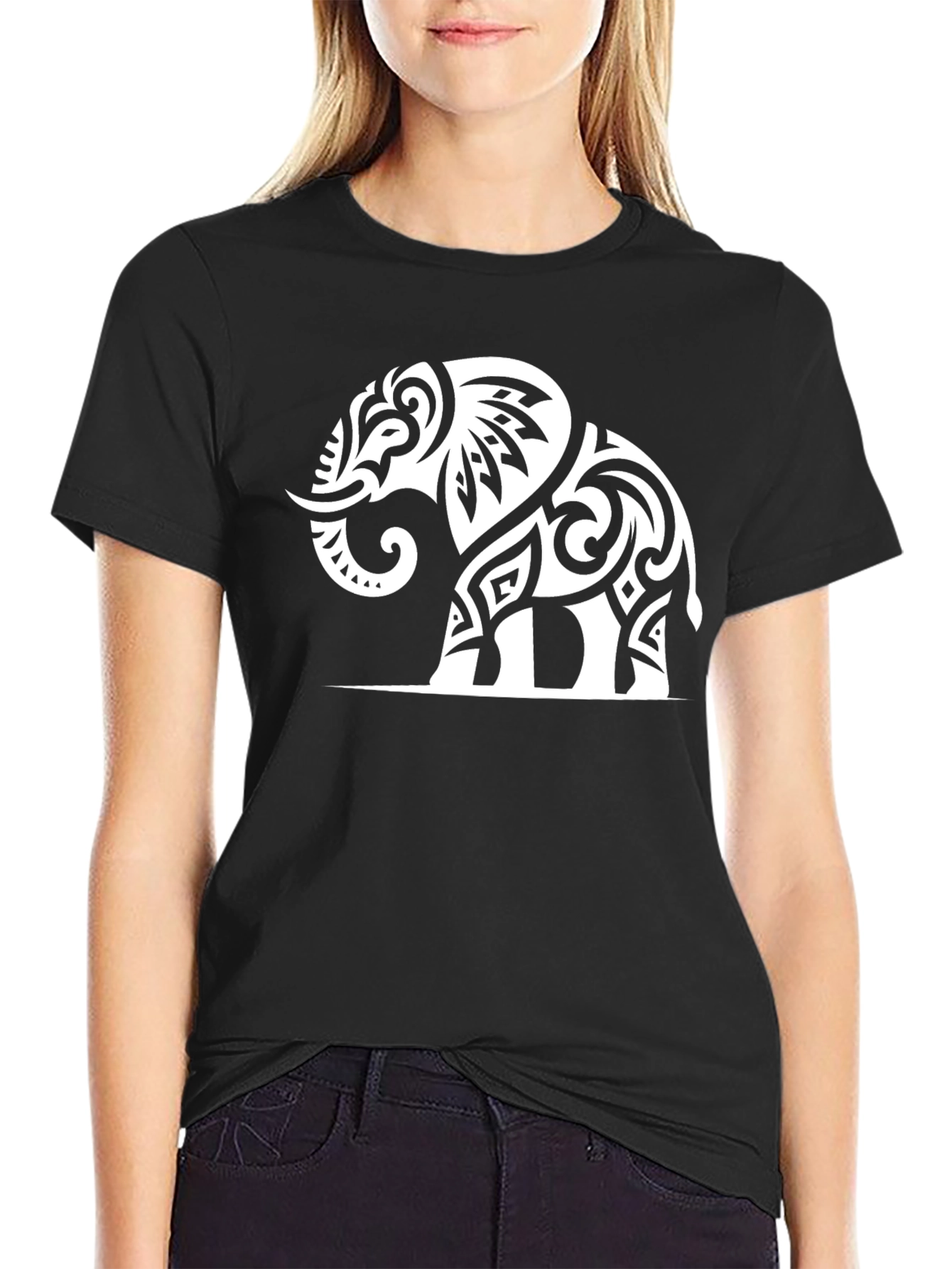 Black Tribal Elephant Graphic T-Shirt - Black Cotton Tee view 2