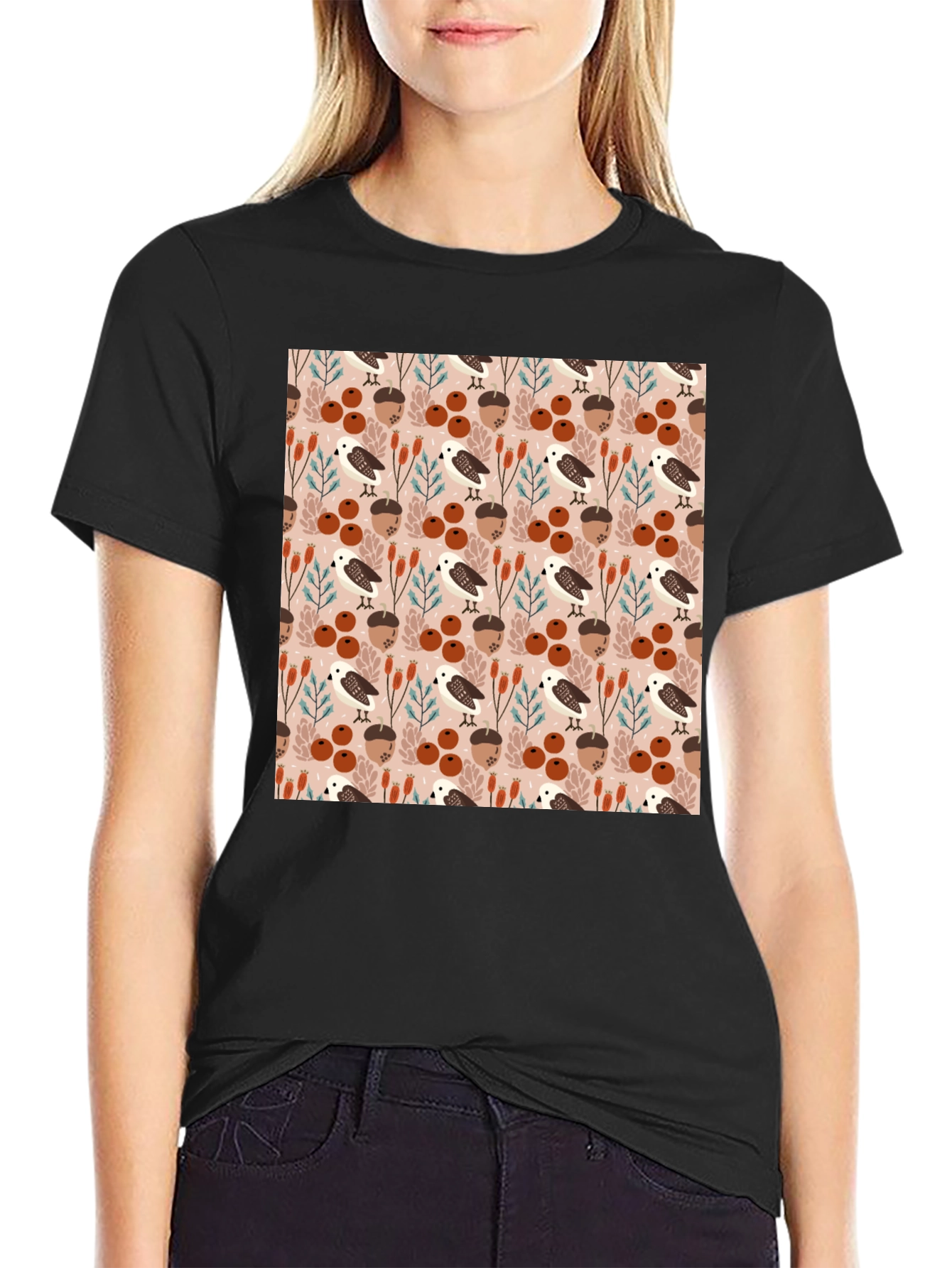 Black Autumnal Bird and Acorn Pattern T-Shirt view 2