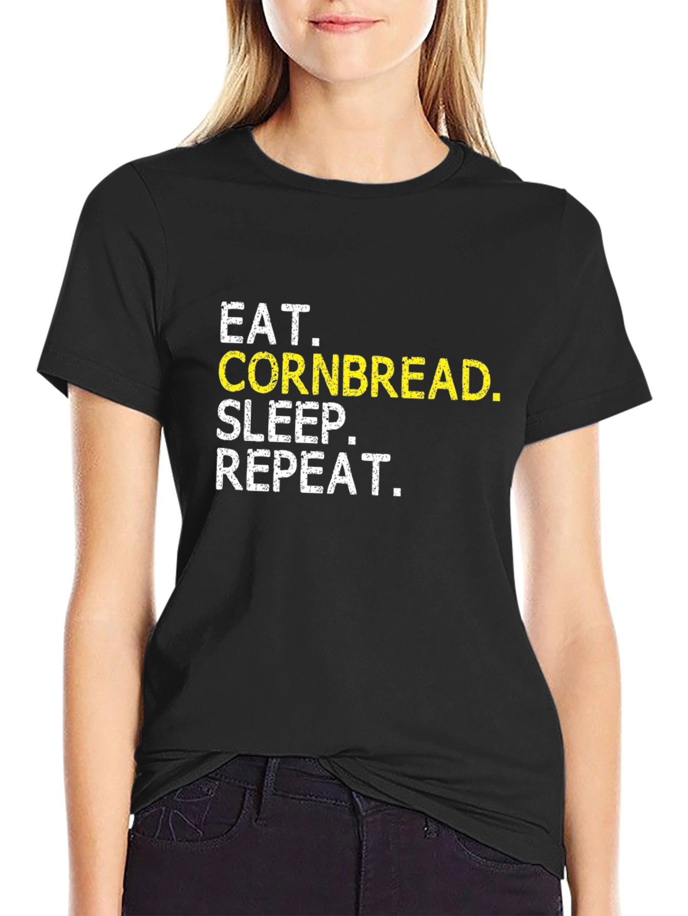 Black Eat Cornbread Sleep Repeat Black Cotton Graphic T-Shirt view 2
