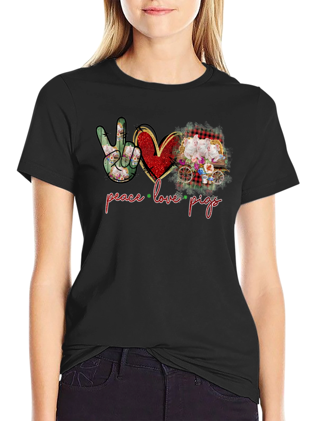 Black Peace Love Pigs Graphic T-Shirt view 2