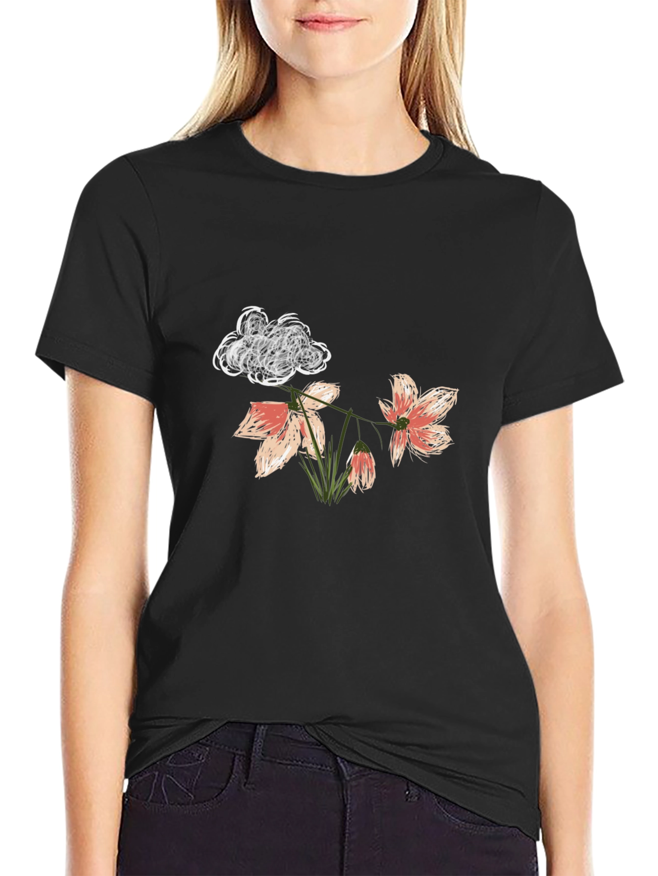 Black Floral Cloud T-Shirt - Unique Graphic Tee view 2