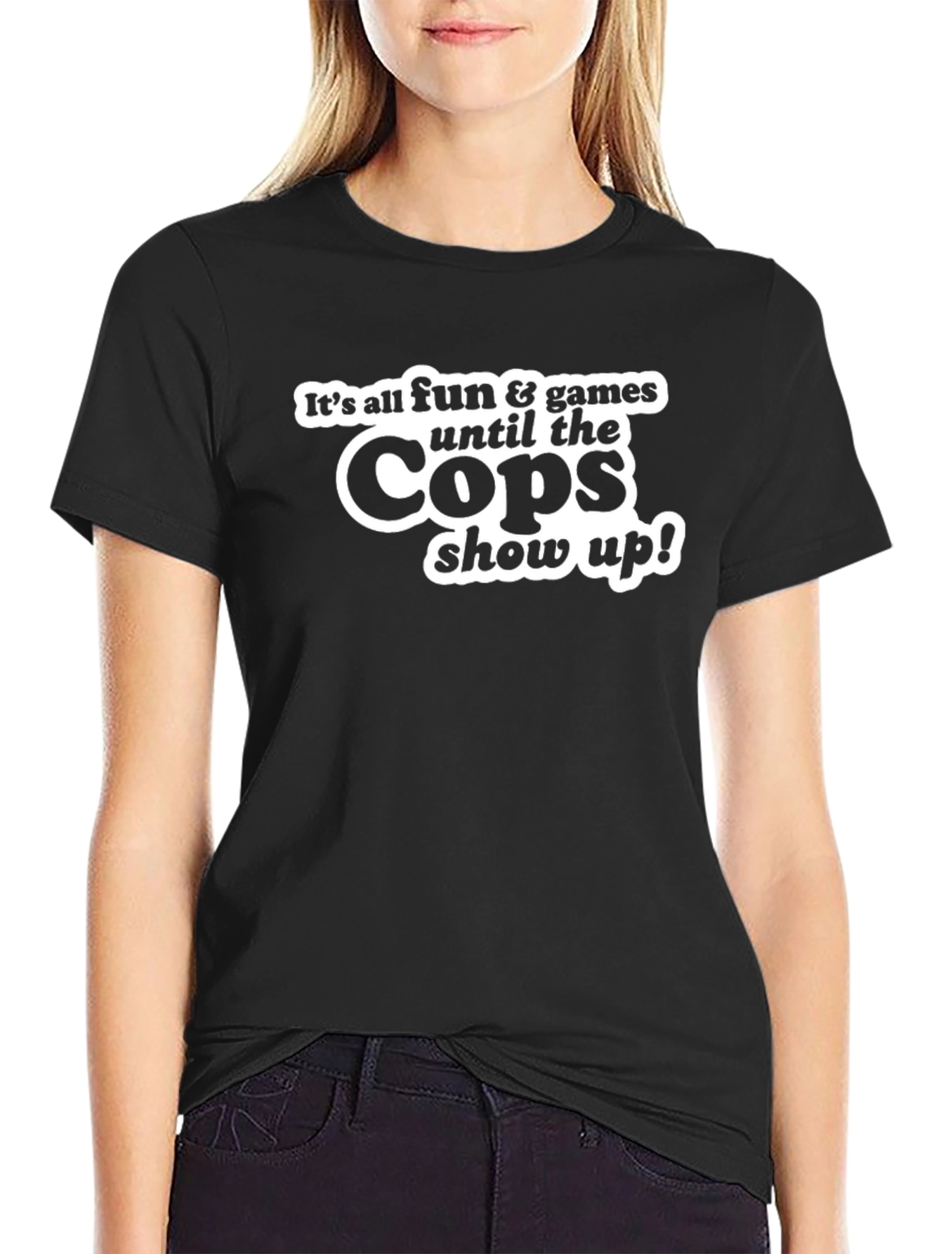 Black Cops Show Up Graphic Tee - Black Crew Neck T-Shirt view 2