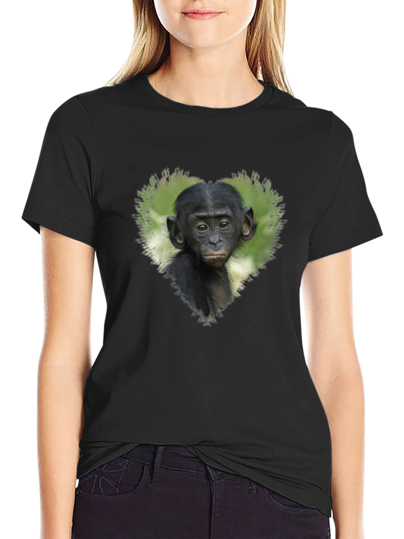 Black Bonobo Heart T-Shirt - Black Cotton Tee view 2