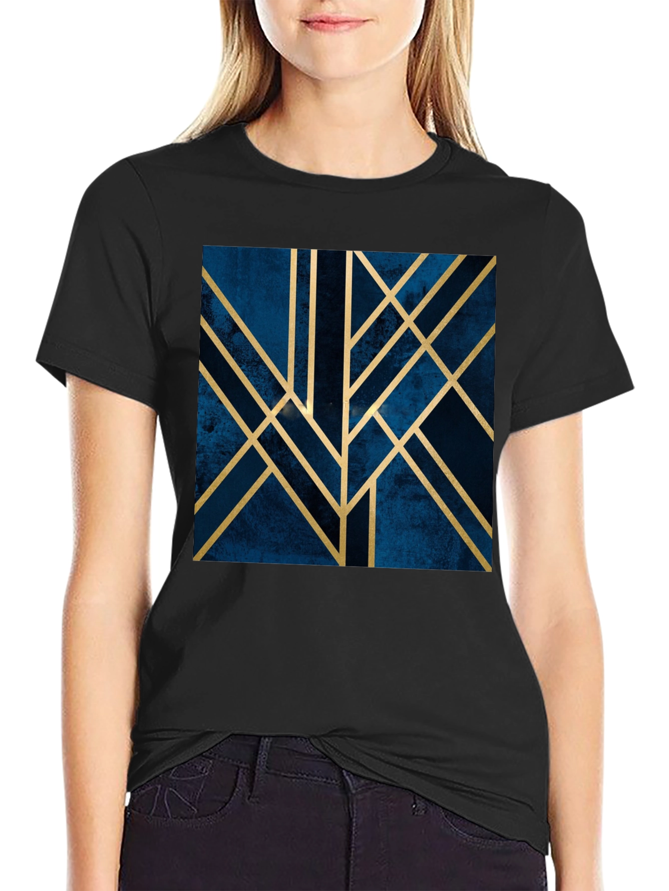 Black Geometric Art Deco Graphic Tee - Modern Style Shirt view 2