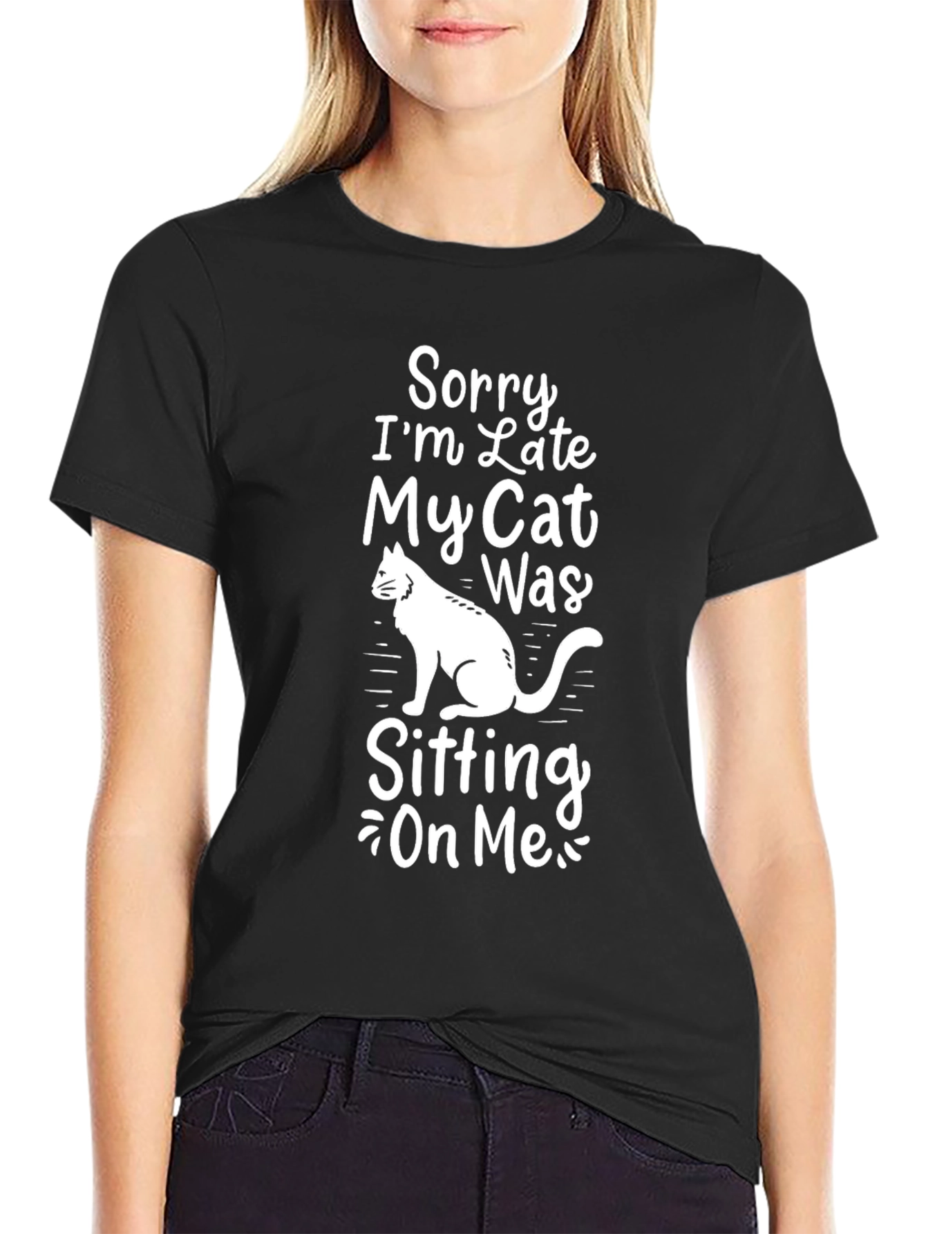 Black Funny Cat Excuse T-Shirt - Sorry I'm Late view 2