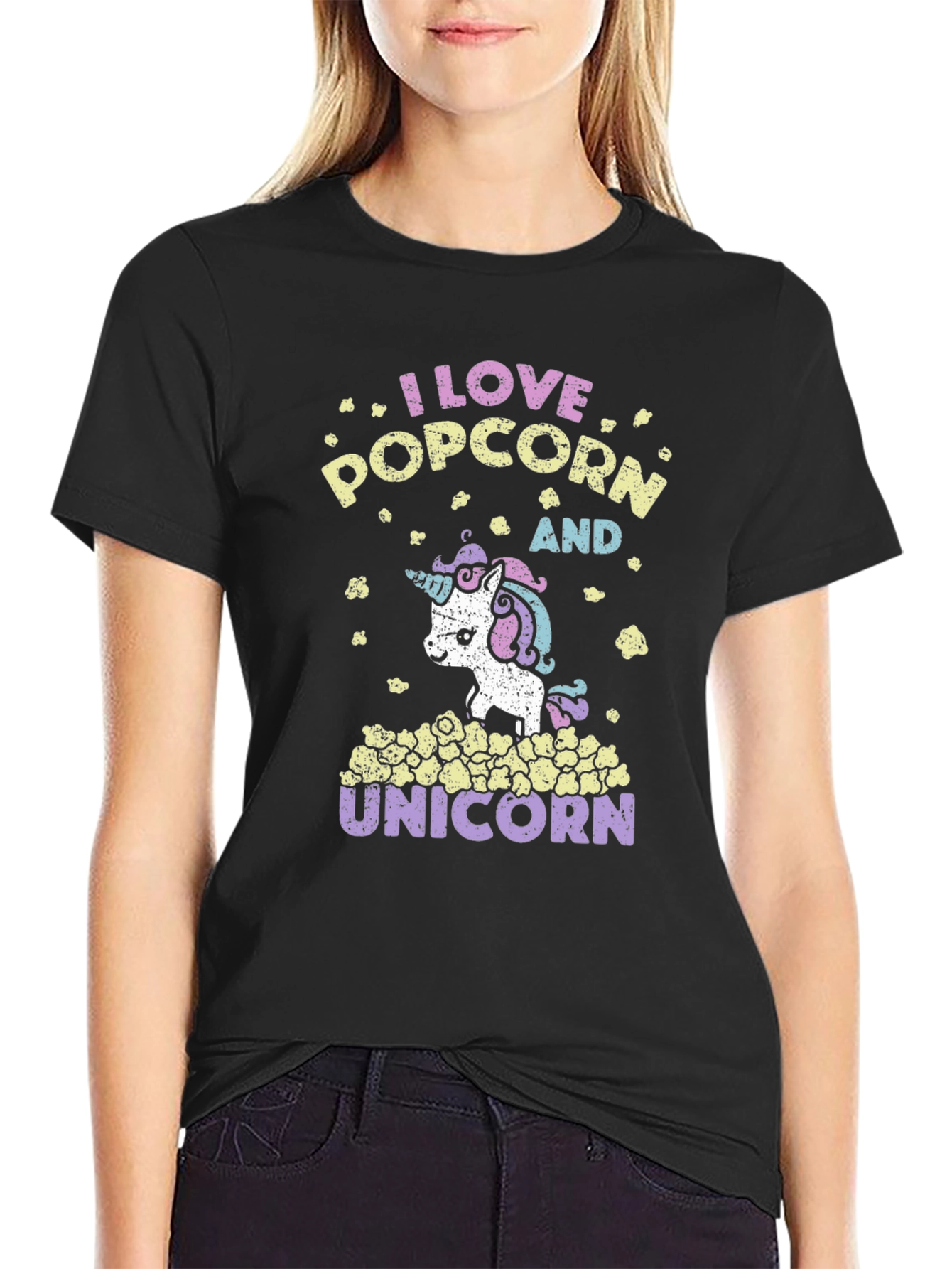 Black I Love Popcorn and Unicorns Graphic T-Shirt view 2