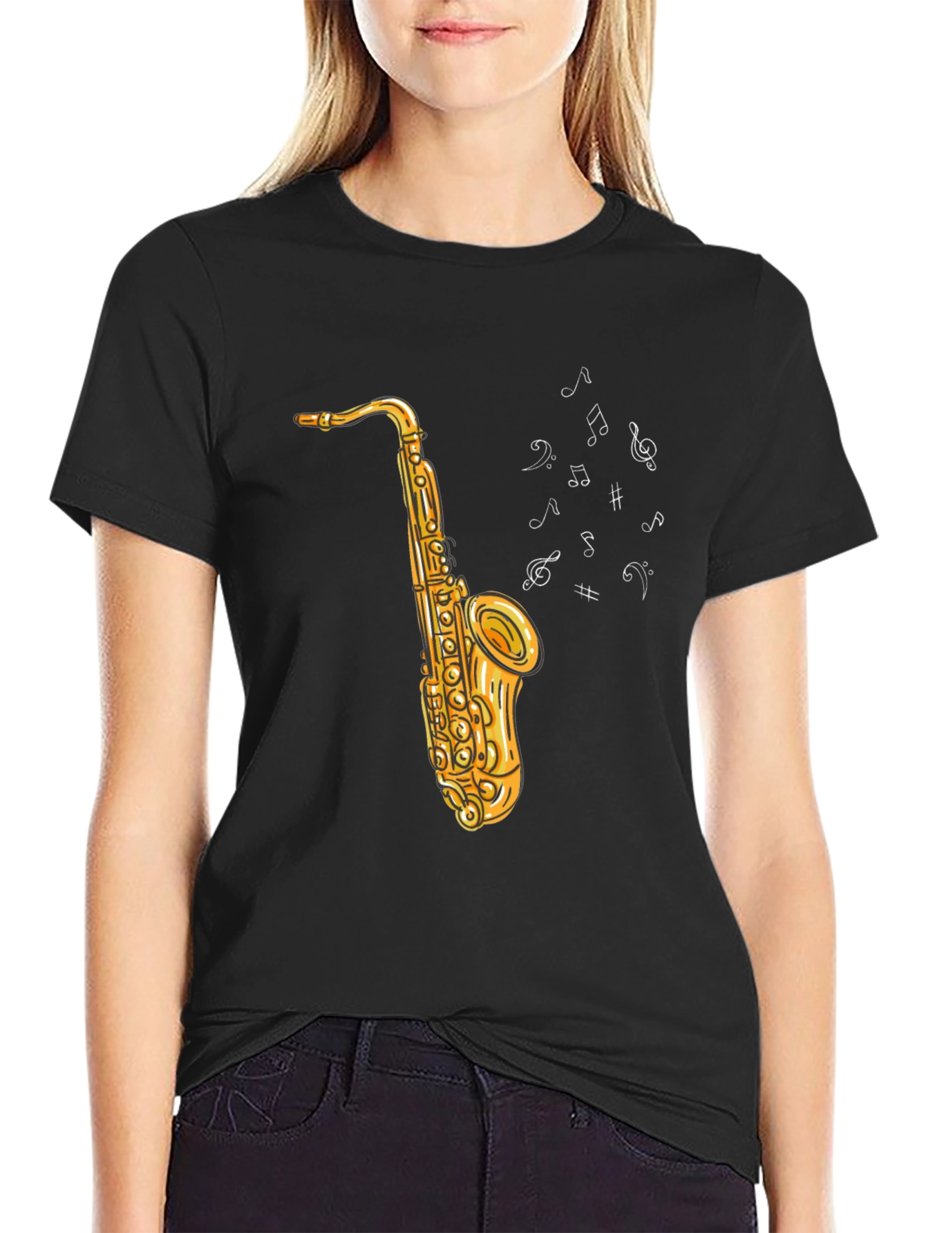 Black Saxophone Graphic Tee - Musical Notes Design view 2