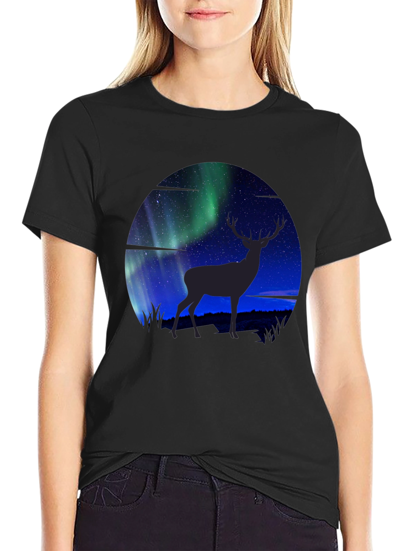Black Aurora Deer Graphic T-Shirt view 2