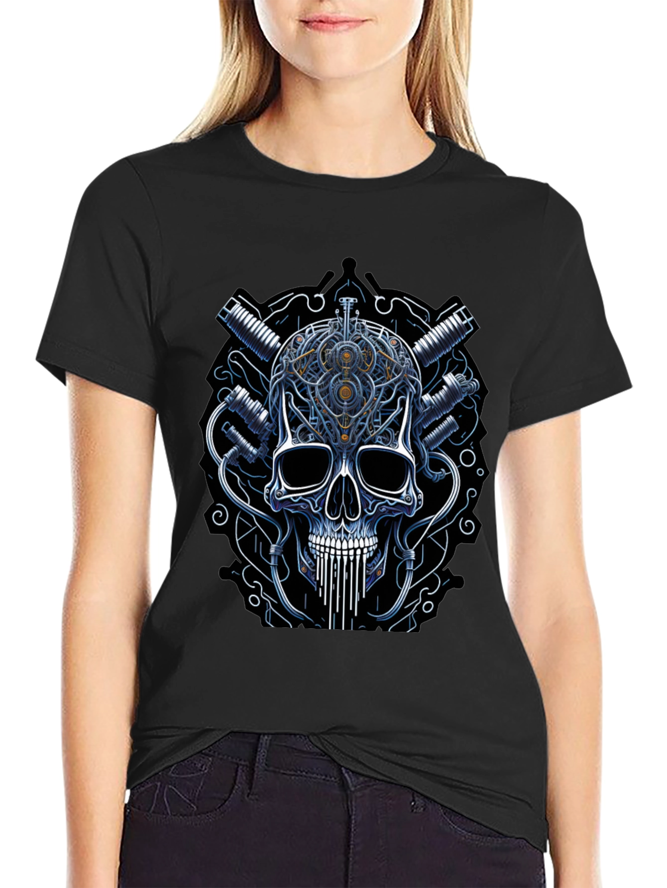 Black Steampunk Skull Graphic Tee - Black view 2